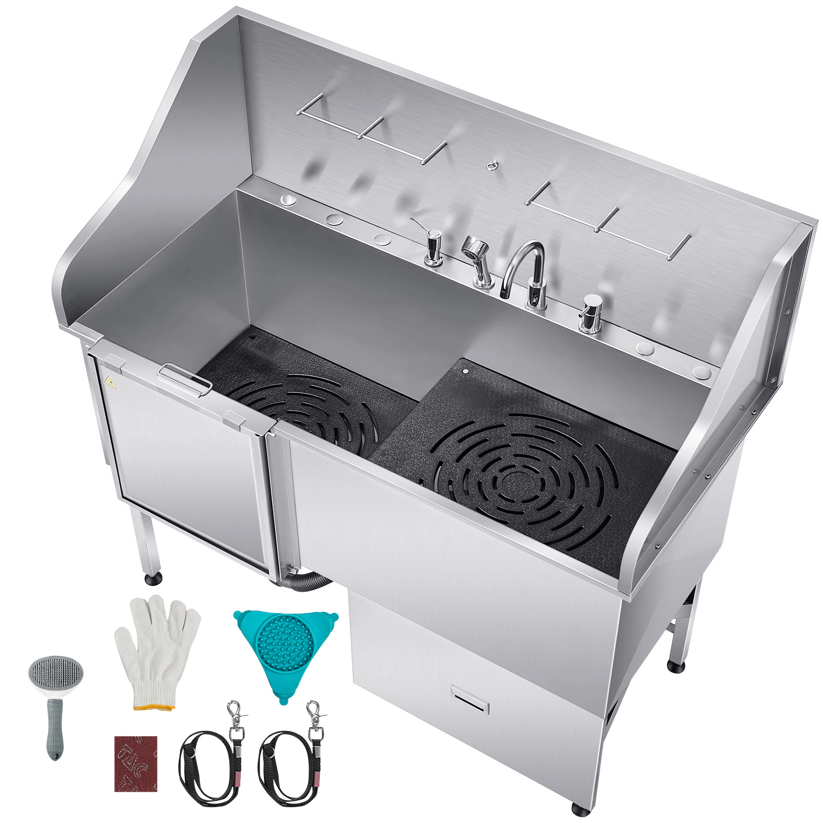 HONGGE 304 Stainless Steel Dog Washing Station, Pet Grooming Tub with Non-Slip Low-Slope Ramp, Storage Drawer