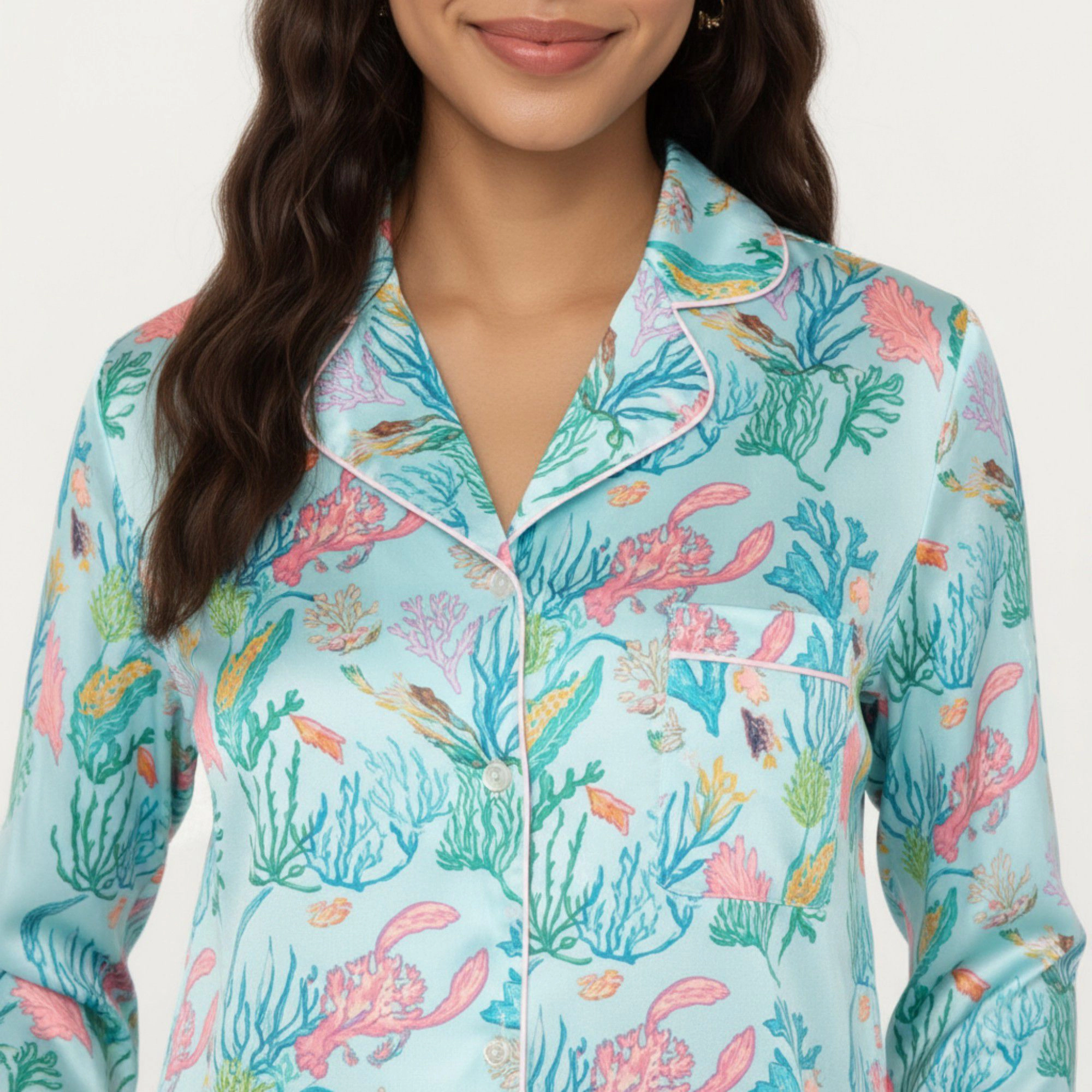 Anna-Kaci Women's 2-Piece Button Front Pajama Set with Ocean Print and Soft Silky Fabric for Relaxed Comfort