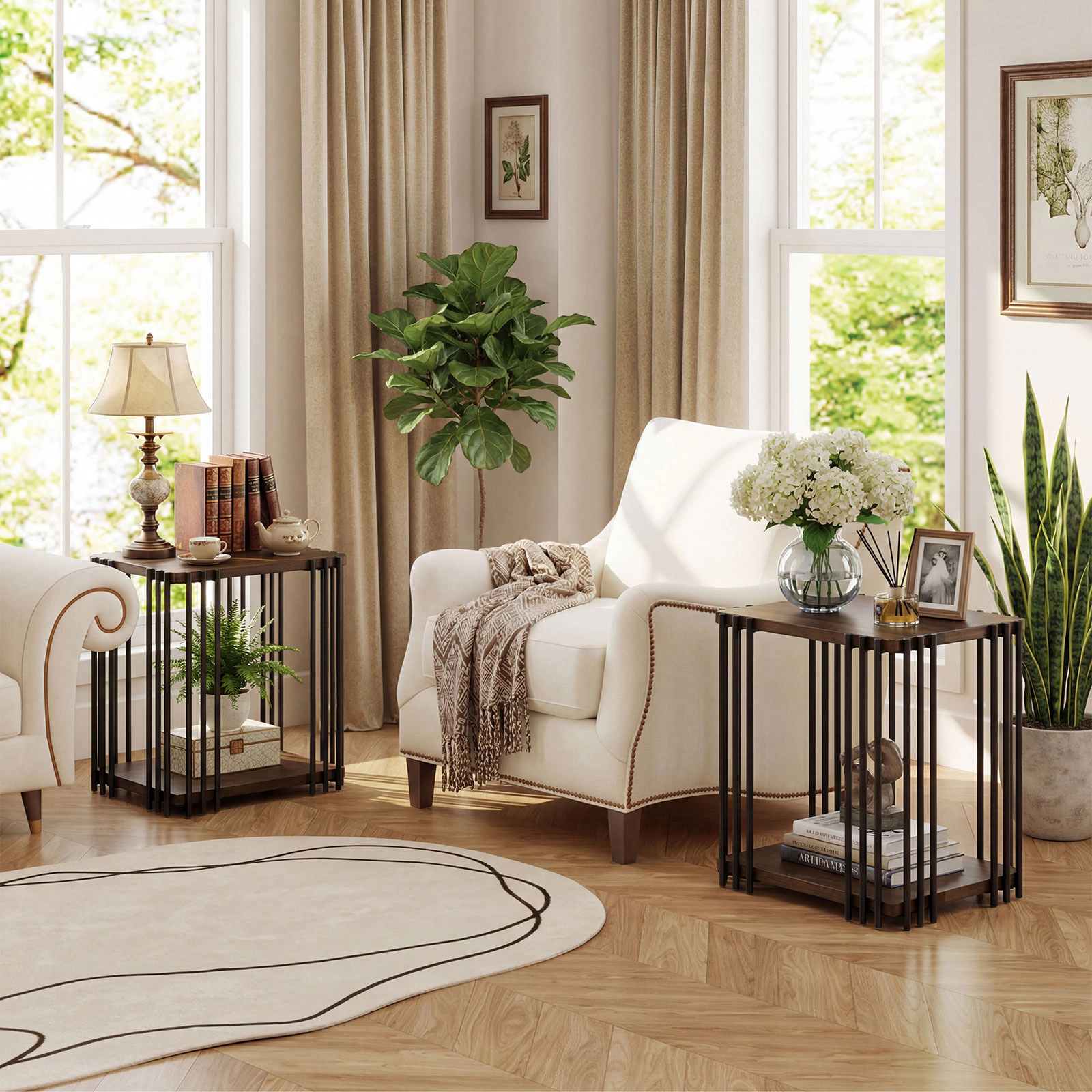 LJG Rubber Wood Side Table Set of 2 with 2-Layer Storage Shelves and Metal Frame