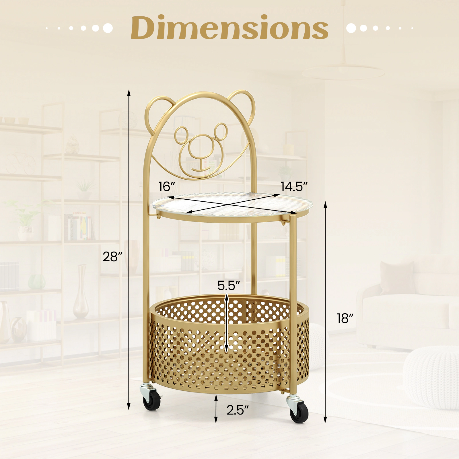 SUGIFT Glass Top and Basket Modern Sofa Side Table on Lockable Wheels