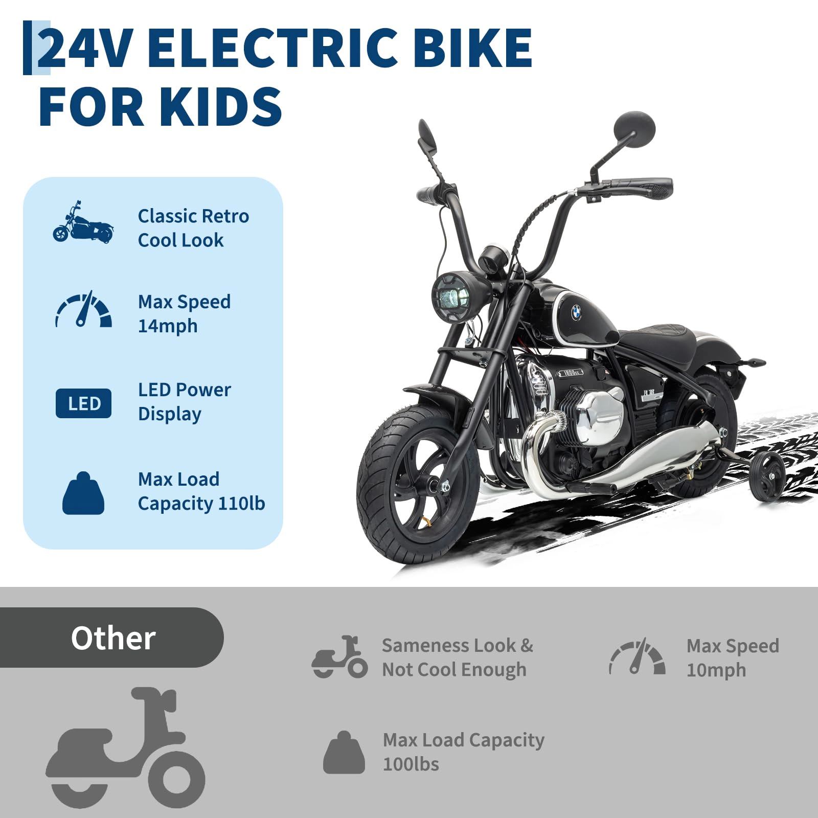 24V Kids Electric Motorcycle with Training Wheels, Adjustable Speed Ride On Bike for Ages 6+, Max 143lbs Load Capacity