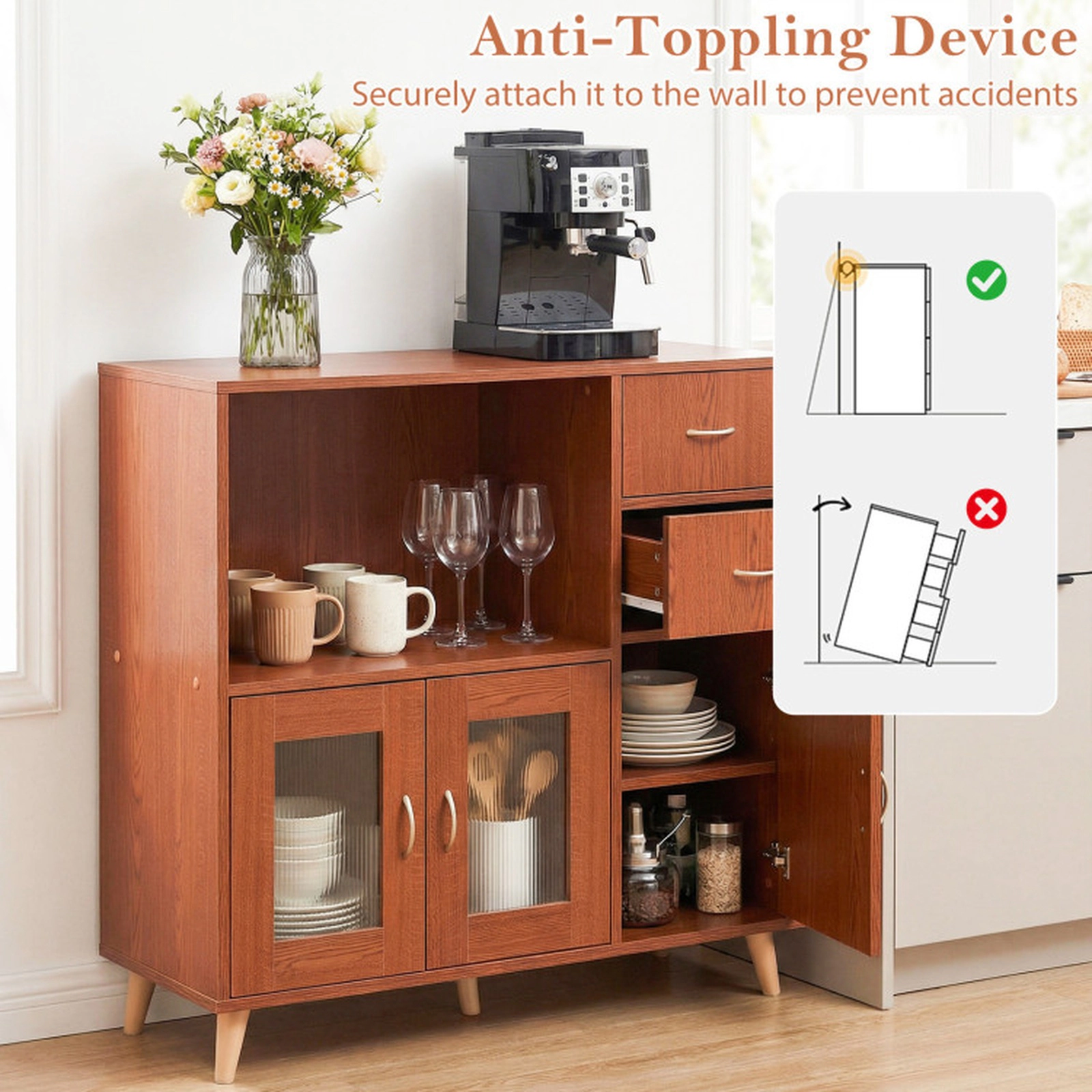 SUGIFT 36-in Sideboard Buffet Cabinet with Open Compartment 330-lb Capacity Brown/Natural