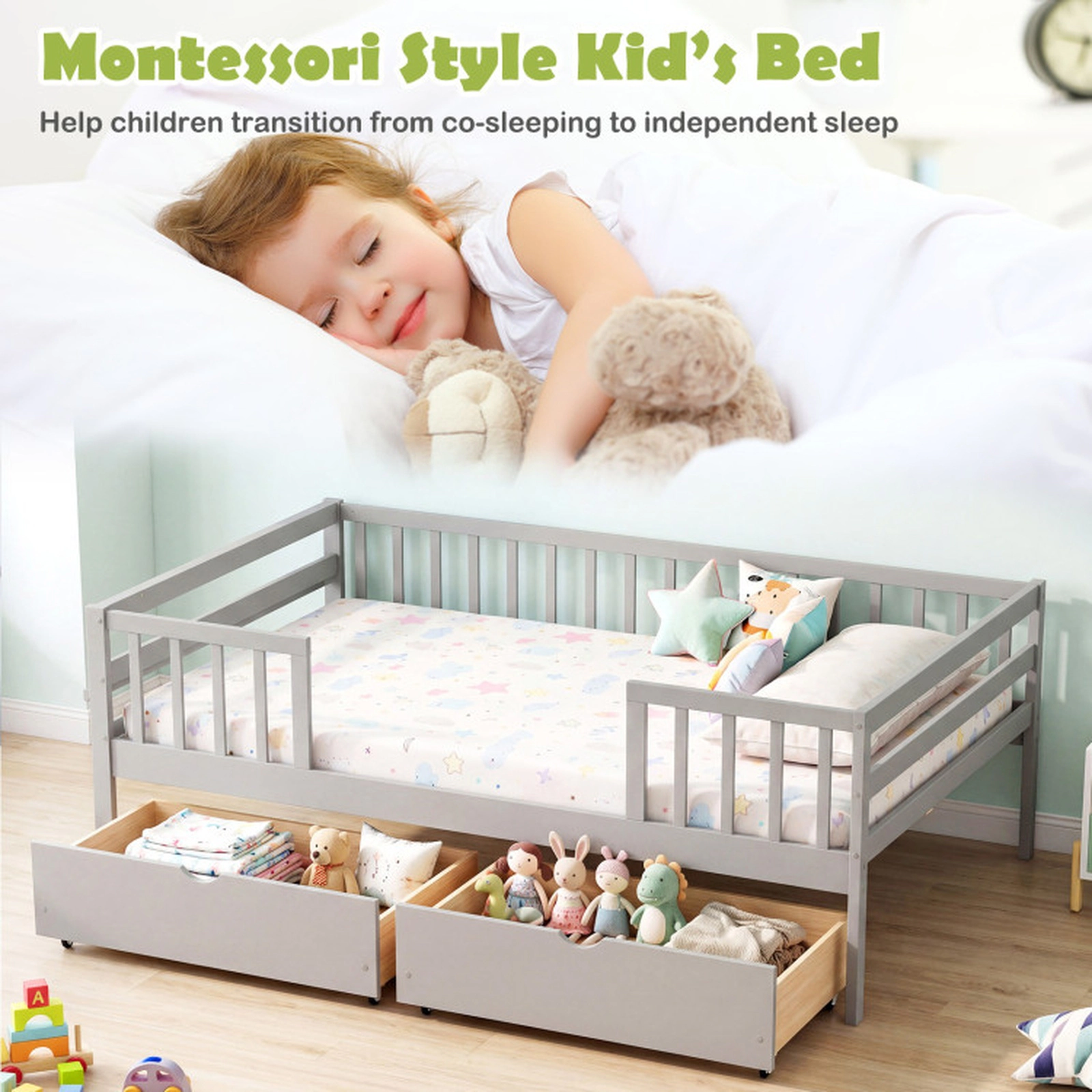 SUGIFT Gray Full-Length Fence and 2 Rolling Storage Drawers Full Size Kids Daybed
