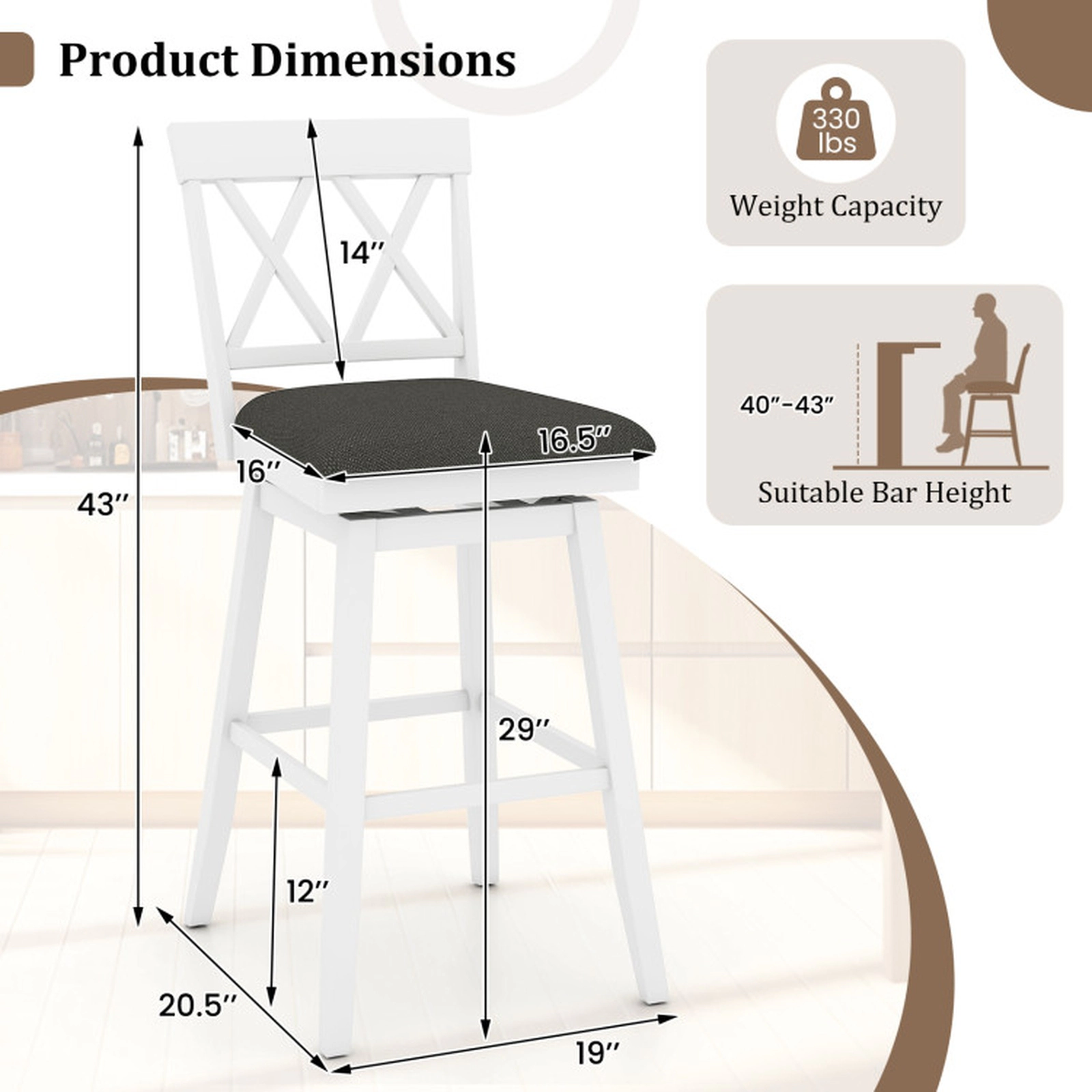 SUGIFT 360° Swivel Counter Height Bar Stool Set of 4 with Curved Backrest 330-lb Capacity 29-in Seat Oak/White