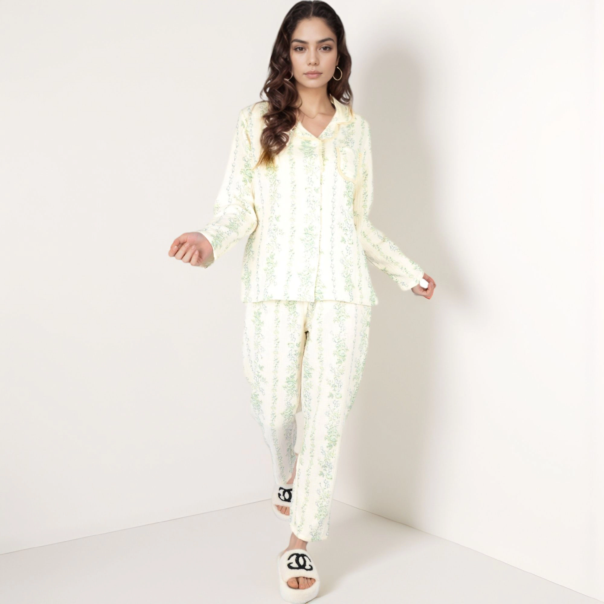 Anna-Kaci Women's Floral Stripe Pajama Set with Button Up Top Chest Pocket and Elastic Waist Pants