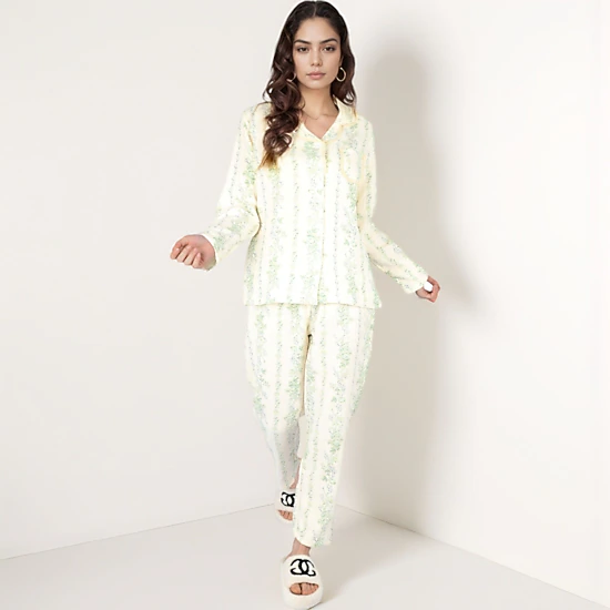 Anna-Kaci Women's Floral Stripe Pajama Set with Button Up Top Chest Pocket and Elastic Waist Pants