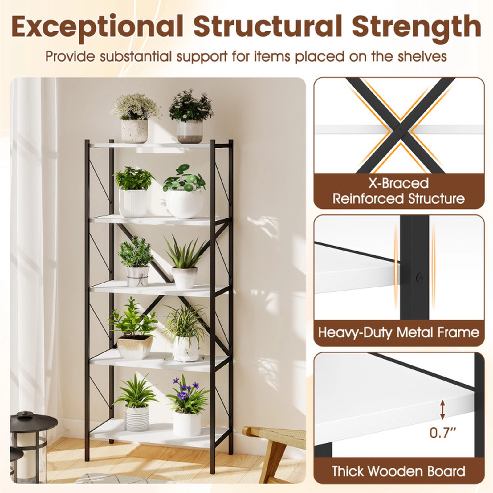 SUGIFT 5-Tier White 62-in Tall Industrial Bookshelf with Heavy-Duty Metal Frame and 4-in Clearance