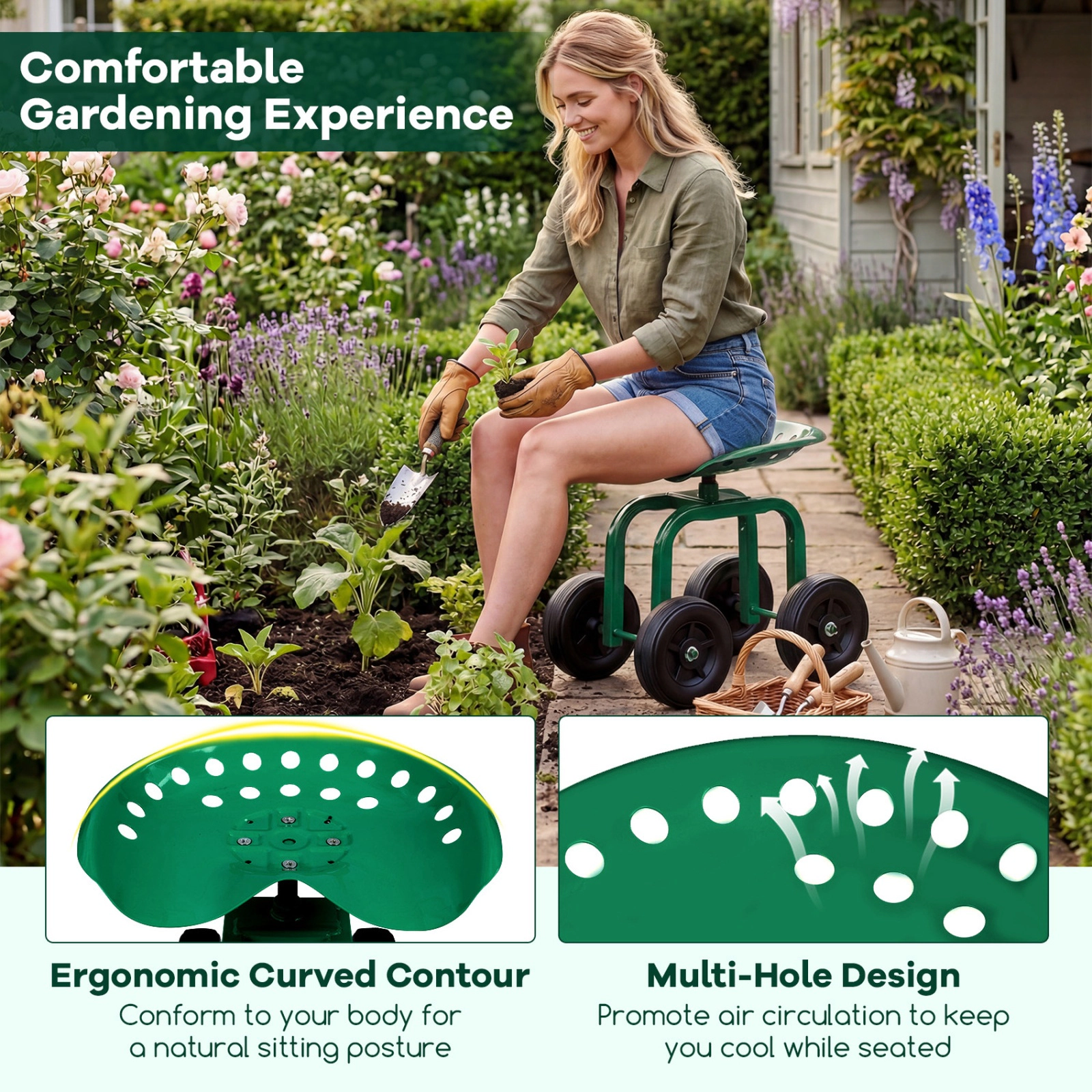 SUGIFT Garden Rolling Workseat Green with 360 Degree Swivel Seat and Adjustable Height