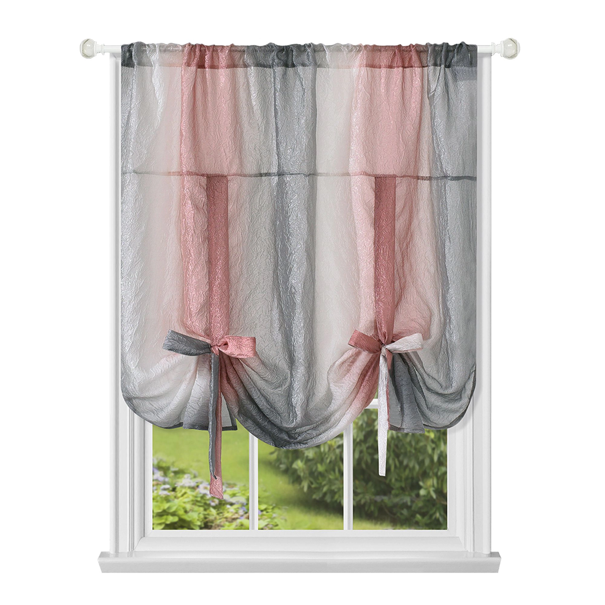 Kate Aurora Crushed Faux Satin Silver & Blush Rose Pink Ombre Window Curtain Tie Up Shade