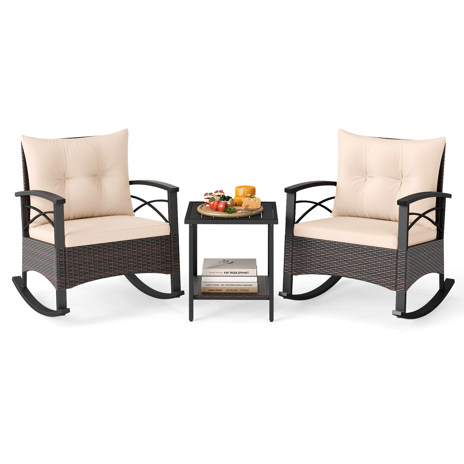 SUGIFT 3-Piece Beige Wicker Rocking Bistro Set with 2 Rocking Chairs and Acacia Wood Side Table