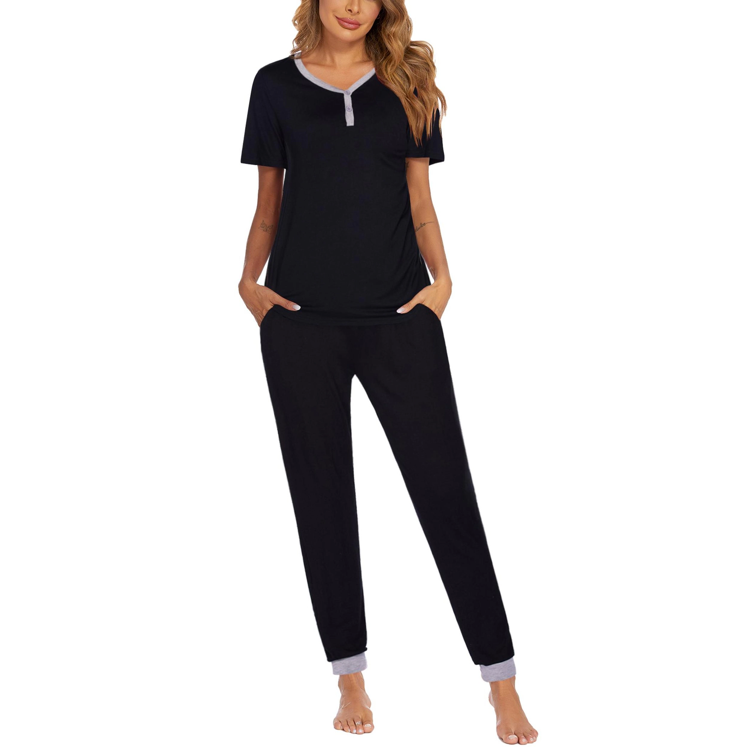 Ekouaer Pajamas for Women Set 2 Piece Lightweight Lounge Sets Short Sleeve Tops Joggers Long Pants