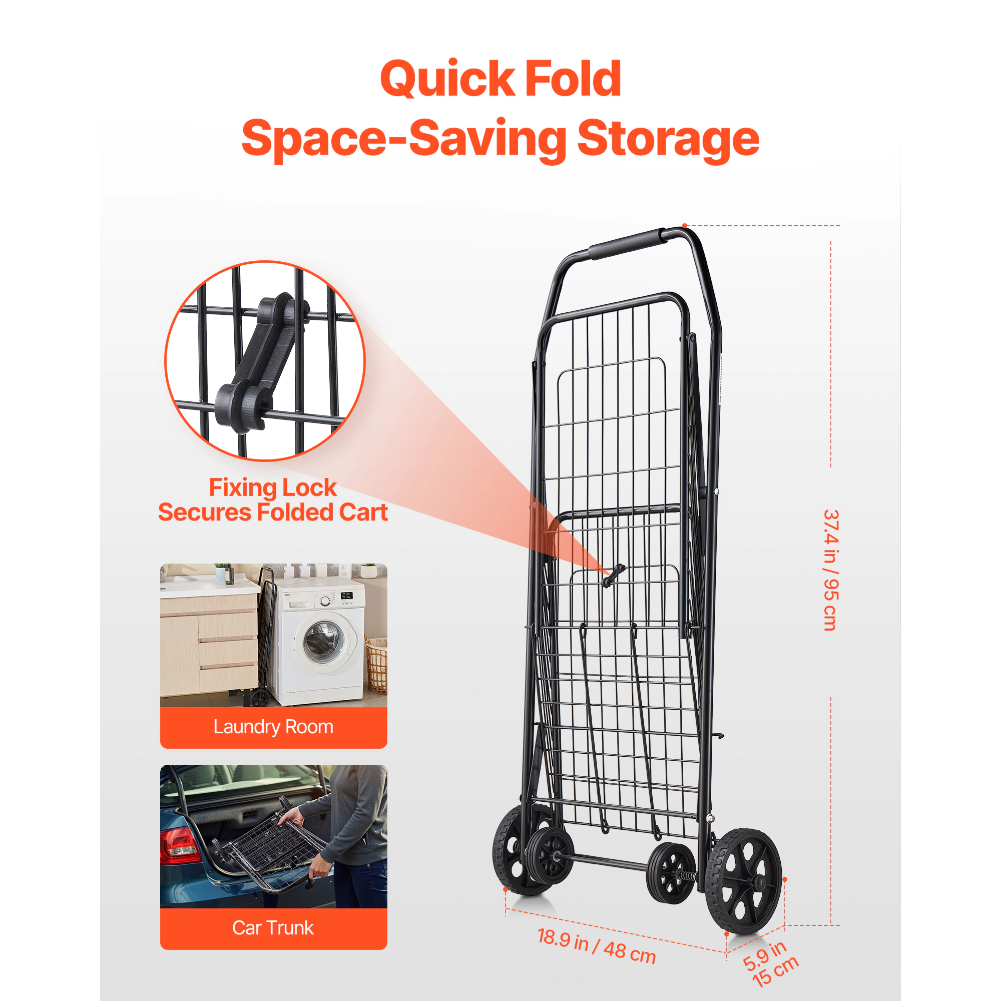 HONGGE Heavy Duty Laundry Cart with Swivel Wheels, Large Load Capacity Shopping Basket for Grocery Camping Luggage