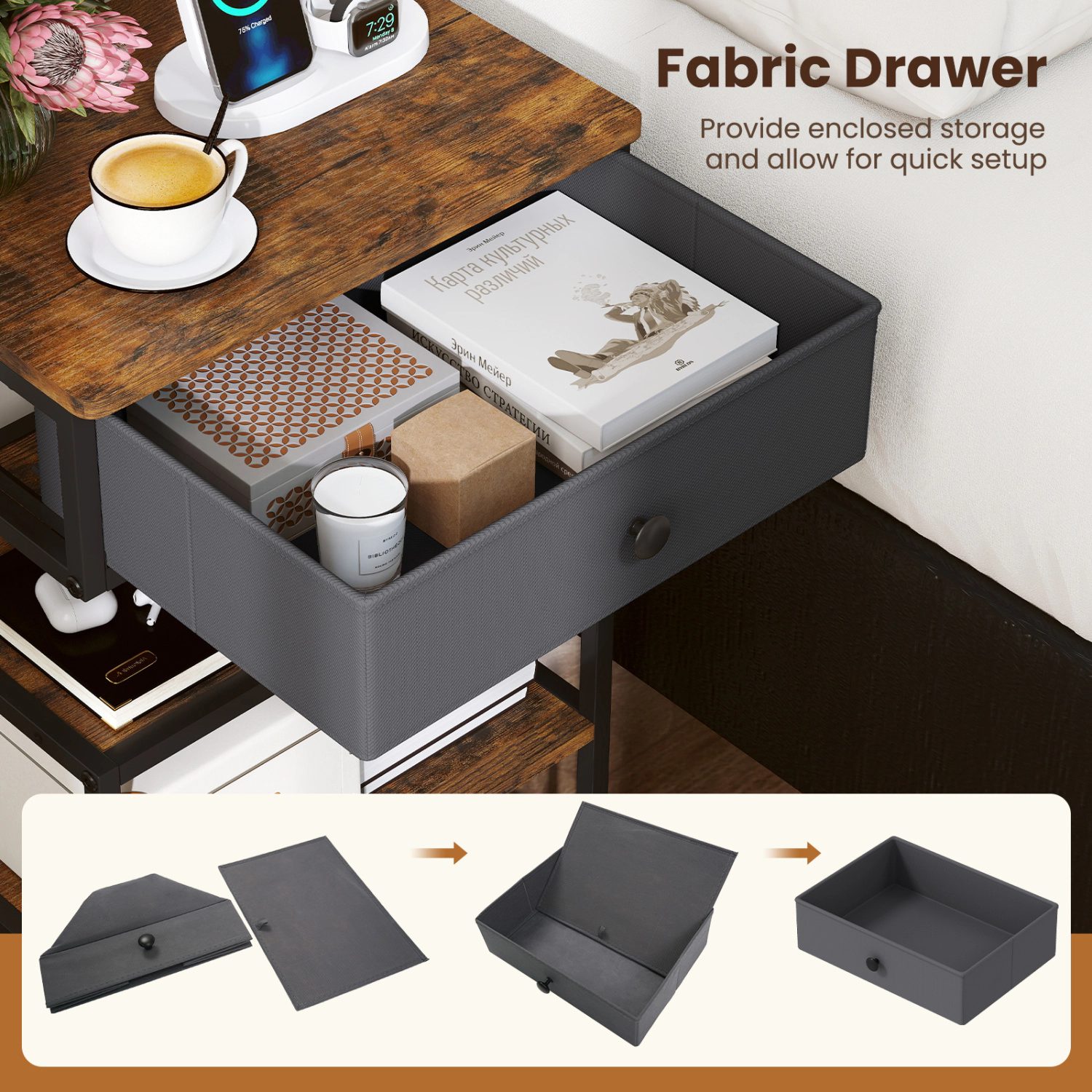 Hivvago Set of 2 Nightstand with Charging Station 28 Inch Tall Bedside Table with Fabric Drawer