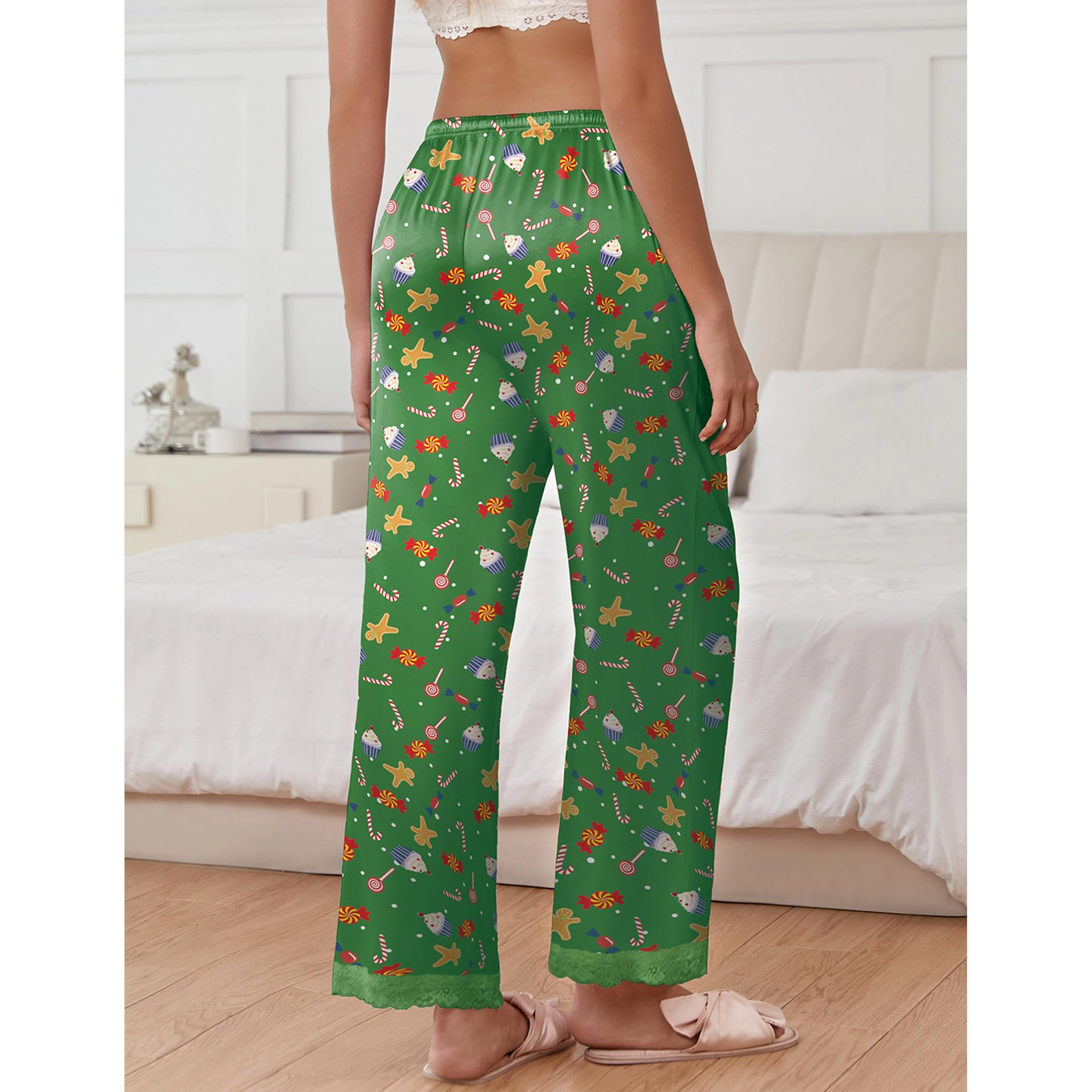 Ekouaer Womens Silk Satin Pajama Pants Sleep Pocketed Elastic Waist Wide Leg Bottoms