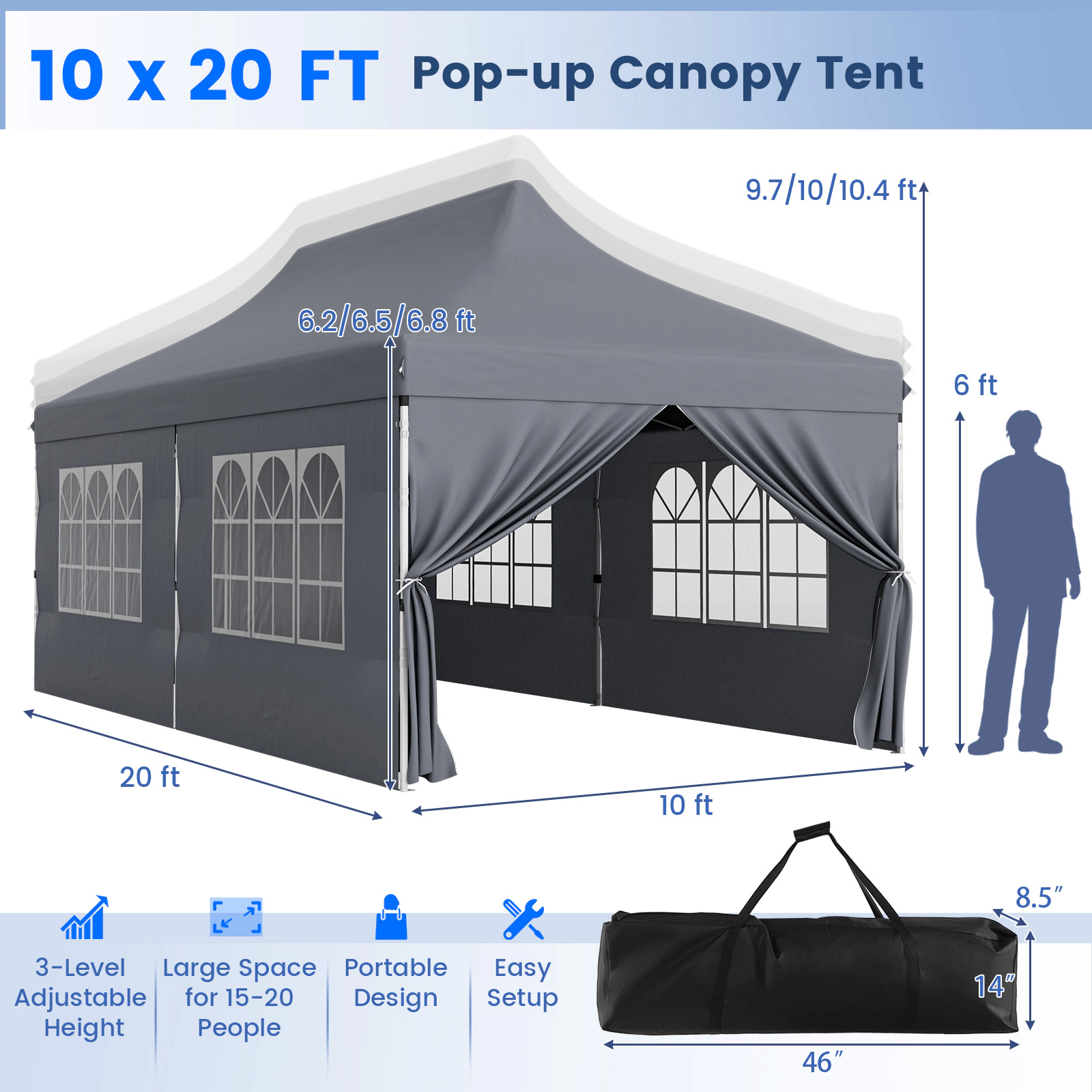 SUGIFT Gray 10-ft by 20-ft 3-Level UPF50+ 210D Oxford Pop Up Canopy Tent with 6 Sidewalls and Windows