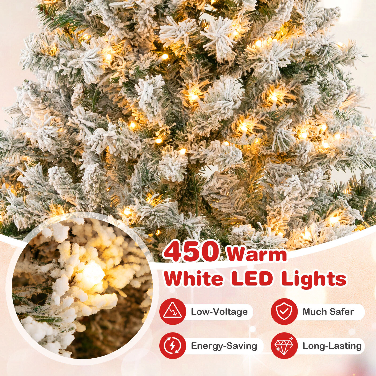 SlickBlue Pre-Lit Snow Flocked Christmas Tree with Warm White LEDs