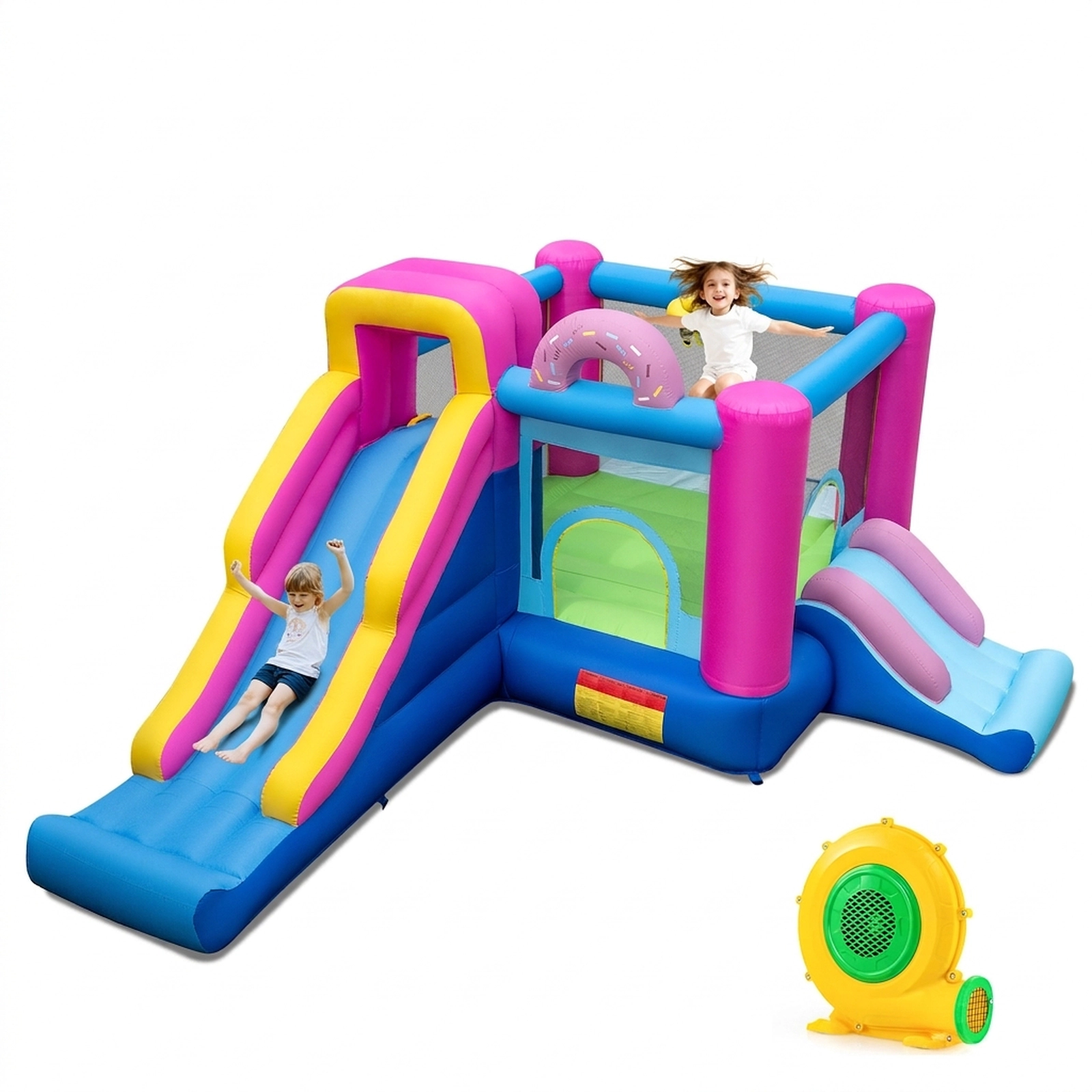 SUGIFT Kids Multicolor Bounce House with Dual Slides Basketball Hoop and 680W Blower 179-in W 100-lb Per Child