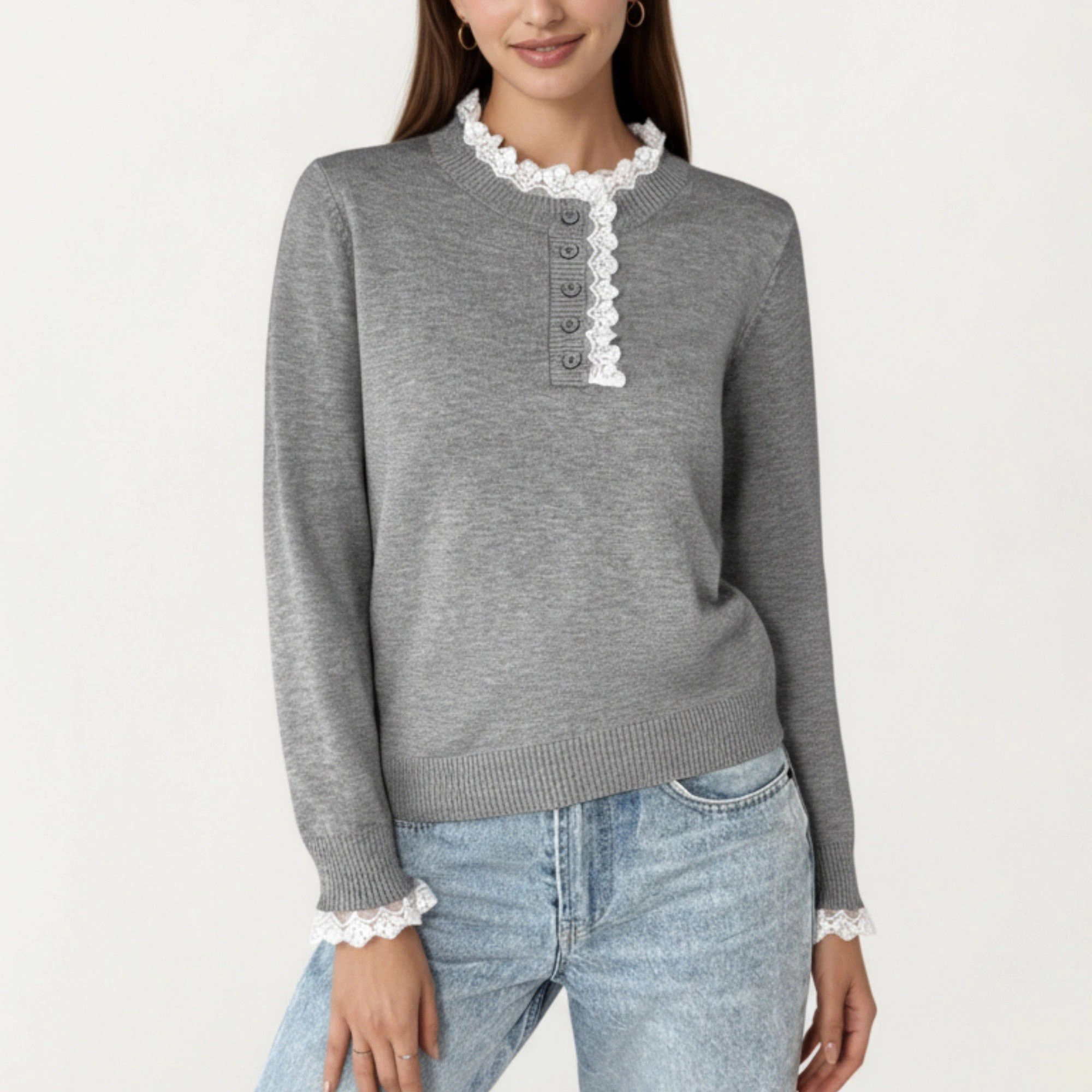 Anna-Kaci Women's Lace Trim Collar Button Front Long Sleeve Knit Top