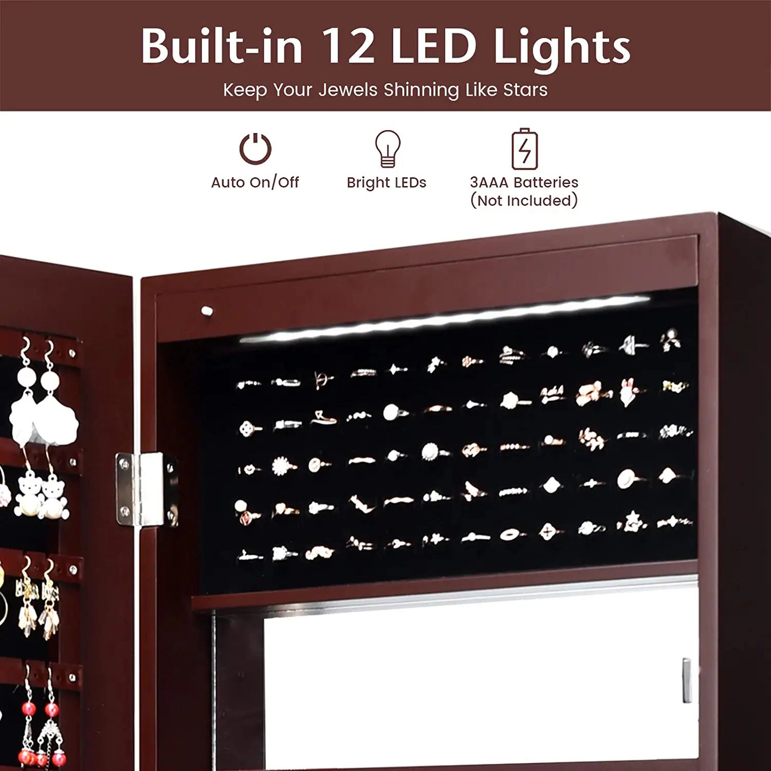 Slickblue 53.5 Inch Wall or Door Mounted Lockable Jewelry Cabinet with Mirror and LED Lights
