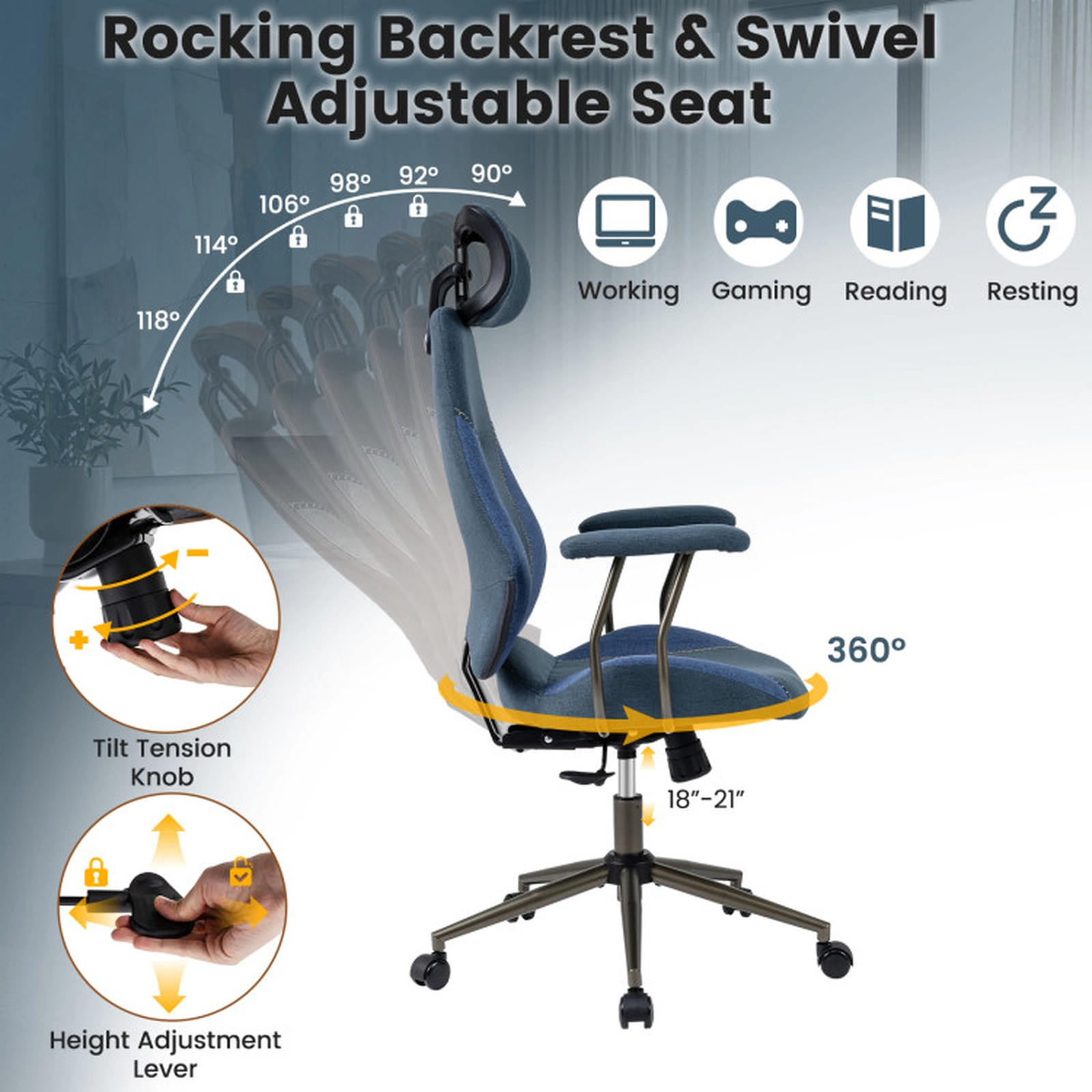 SUGIFT 2D Headrest Rocking Backrest Suede Upholstered Ergonomic Office Chair 27.5-in x 25-in x 46-in 330-lb Navy