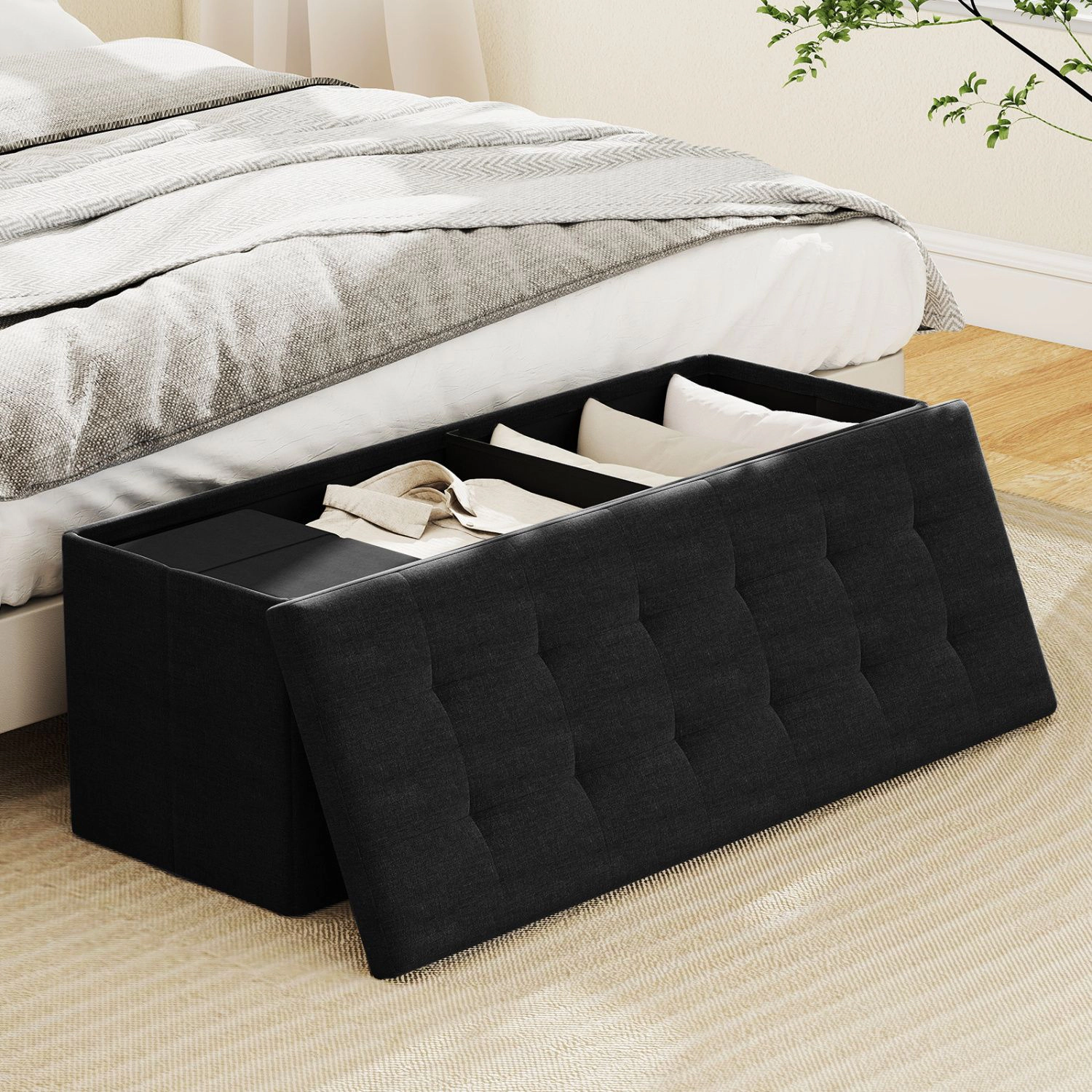 SlickBlue 38 Gallon Folding Storage Ottoman Bench With Tufted Seat