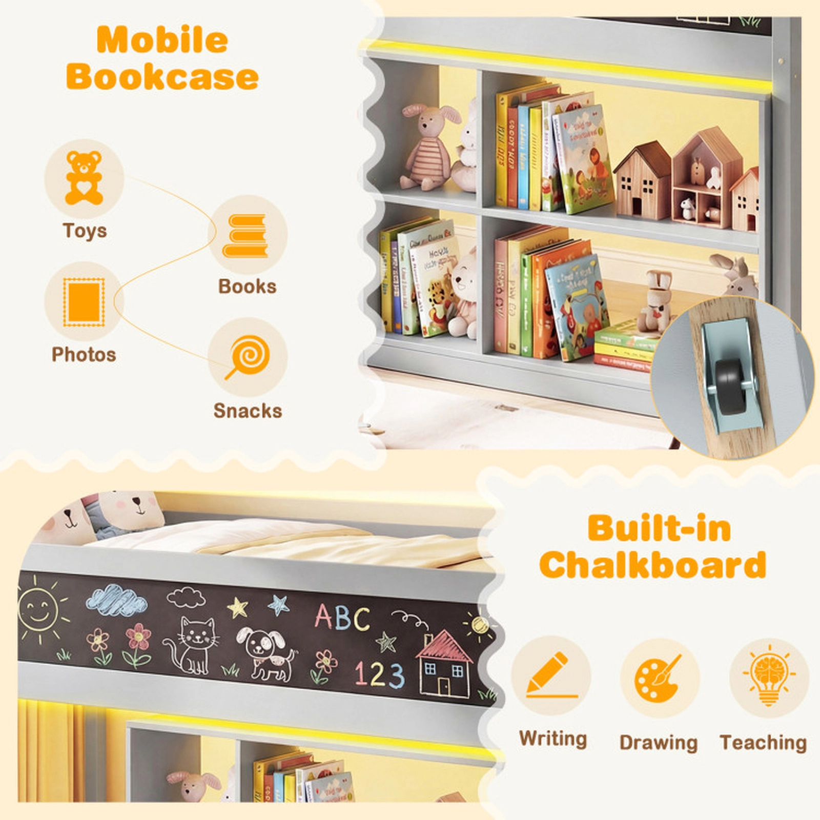 SUGIFT Gray RGB LED Lights Removable Bookcase and Chalkboard Twin Kids Loft Bed