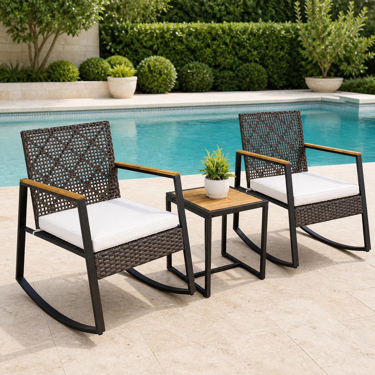 SUGIFT 3-Piece Mixed Brown Outdoor Wicker Rocking Chair Set with Coffee Table