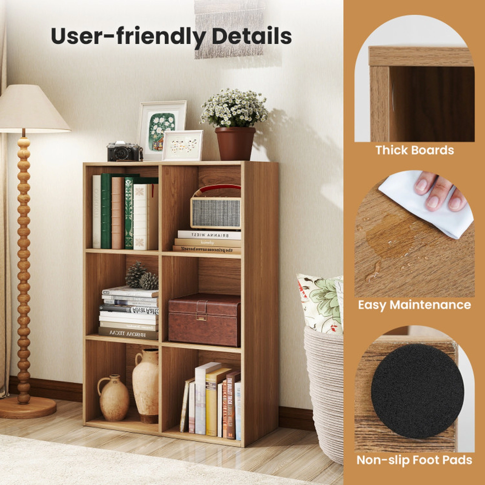 SUGIFT Modern 6-Cube Bookcase 132-lb Top Capacity with Anti-Tipping Kits for Bedroom Living Room Natural
