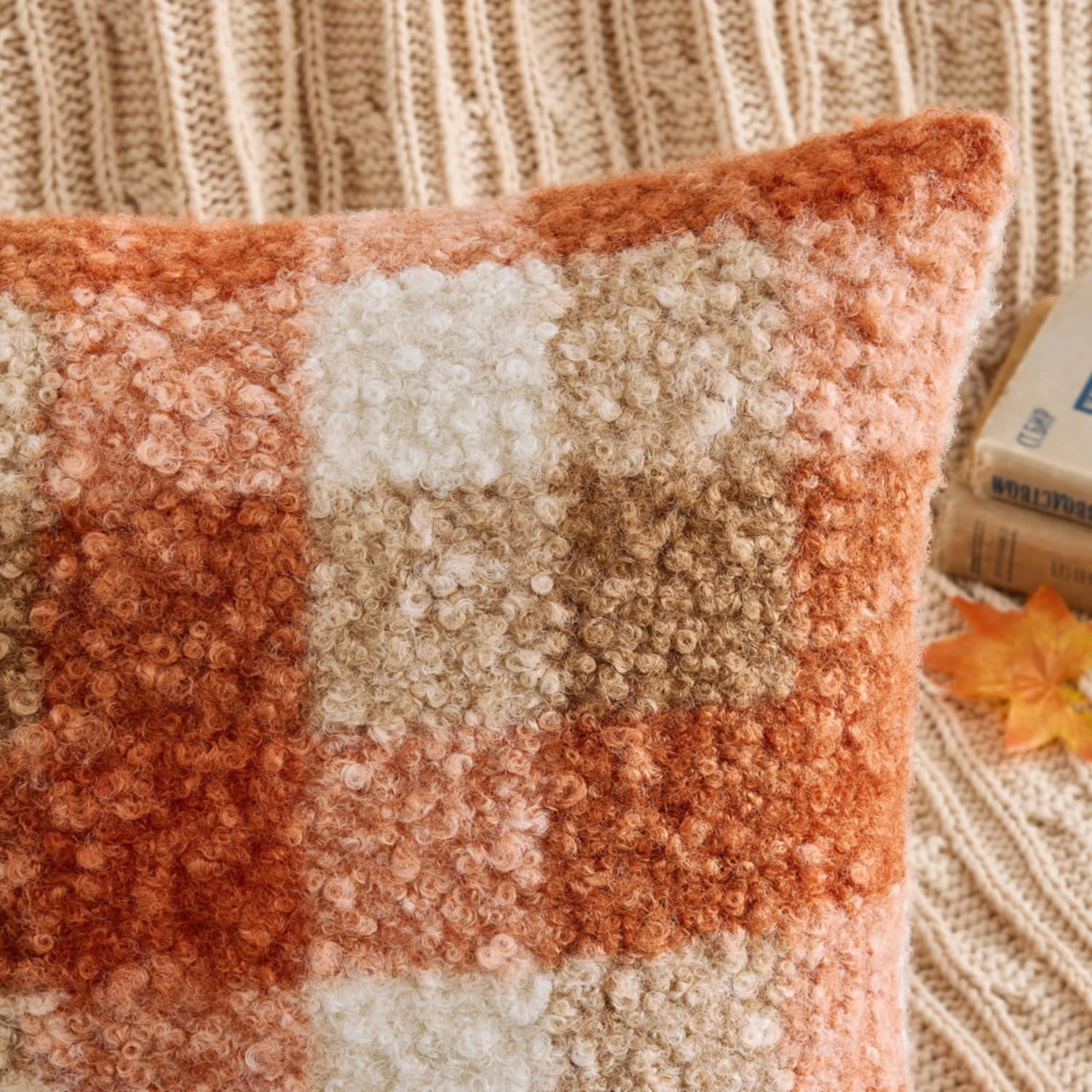 WZK Set of 2 Fall Plaid Boucle Farmhouse Cozy Pillow Covers