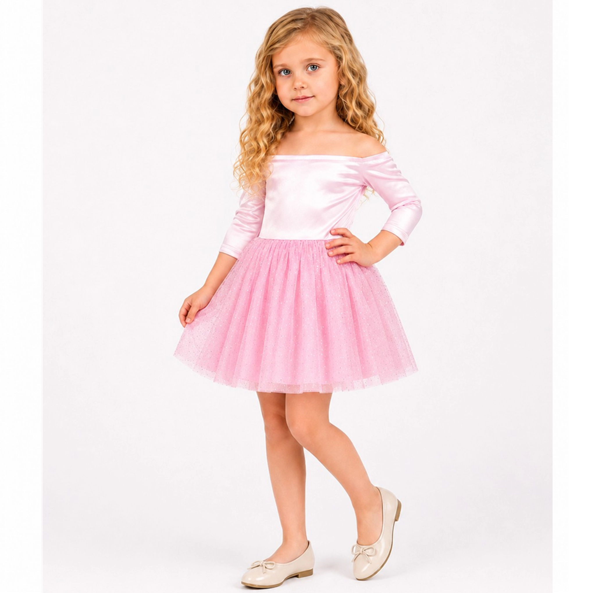 2Bunnies Baby & Toddler Girls 12M-4T Pink Off-Shoulder Glitter Tulle Dress with Smocked Back