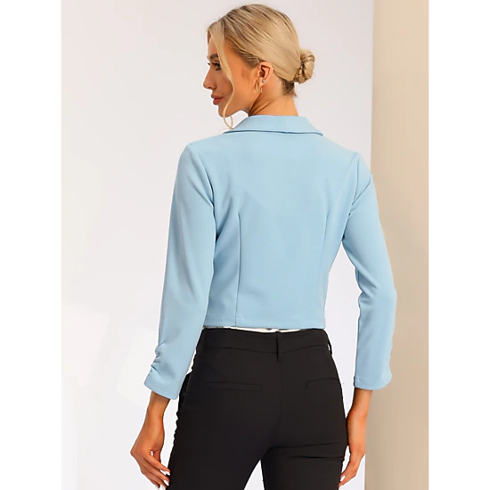 INSPIRE CHIC Women's Notched Lapel Ruched Sleeve Cropped Blazer
