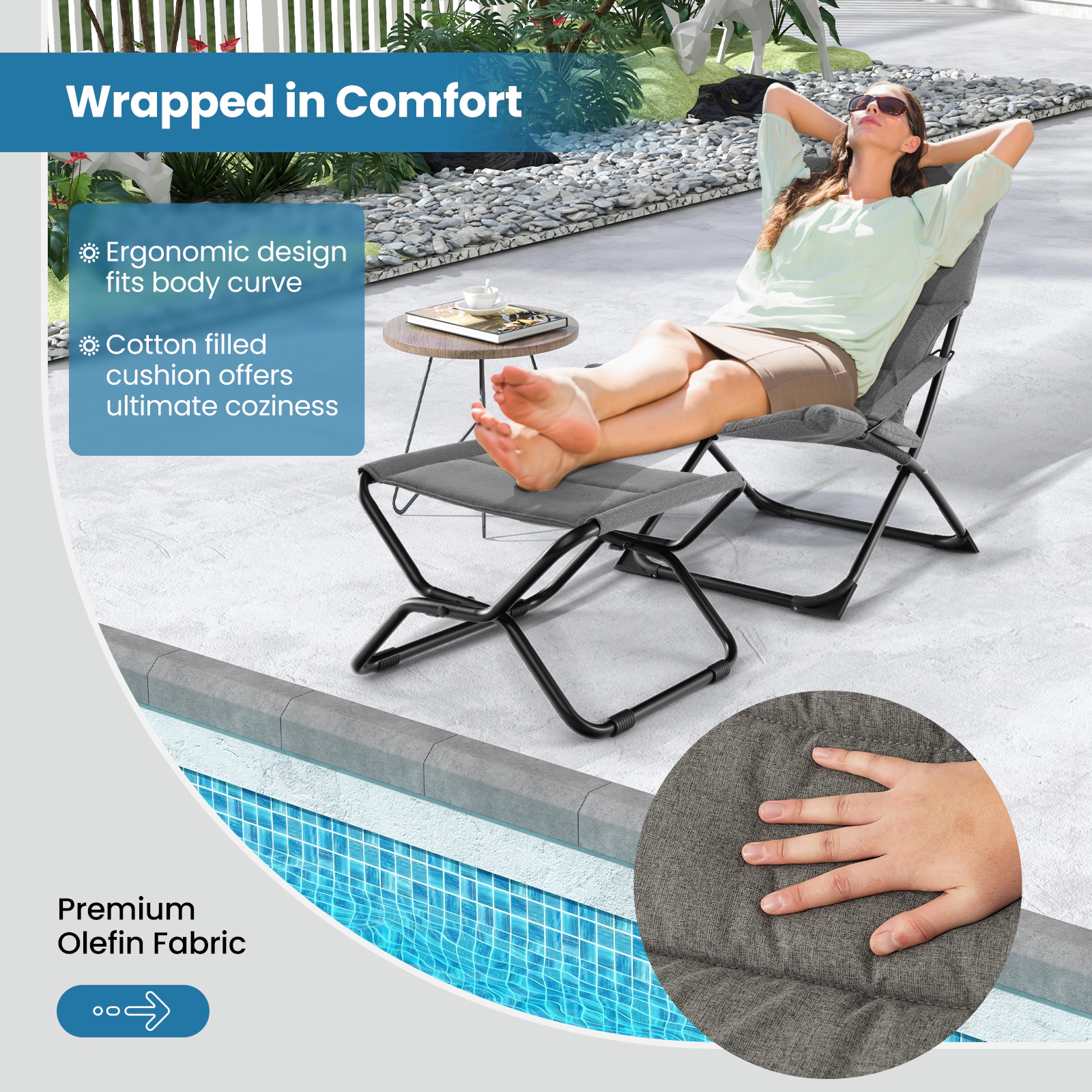 LJG Patio Folding Sling Chair with Ottoman Footrest and Removable Cushion
