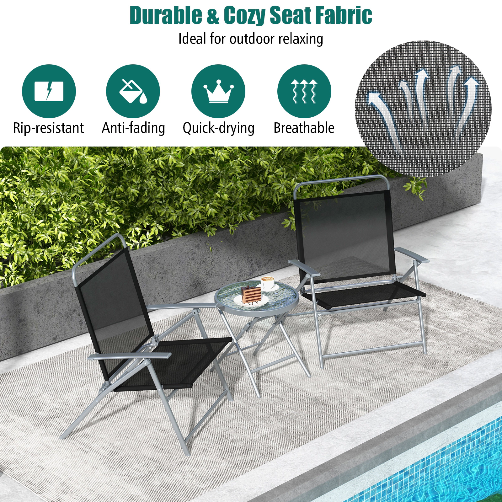 SUGIFT 3-Piece Patio Folding Metal Conversation Set with 27.5-in Chair Seat Depth 330-lb Chair Capacity Black Silver