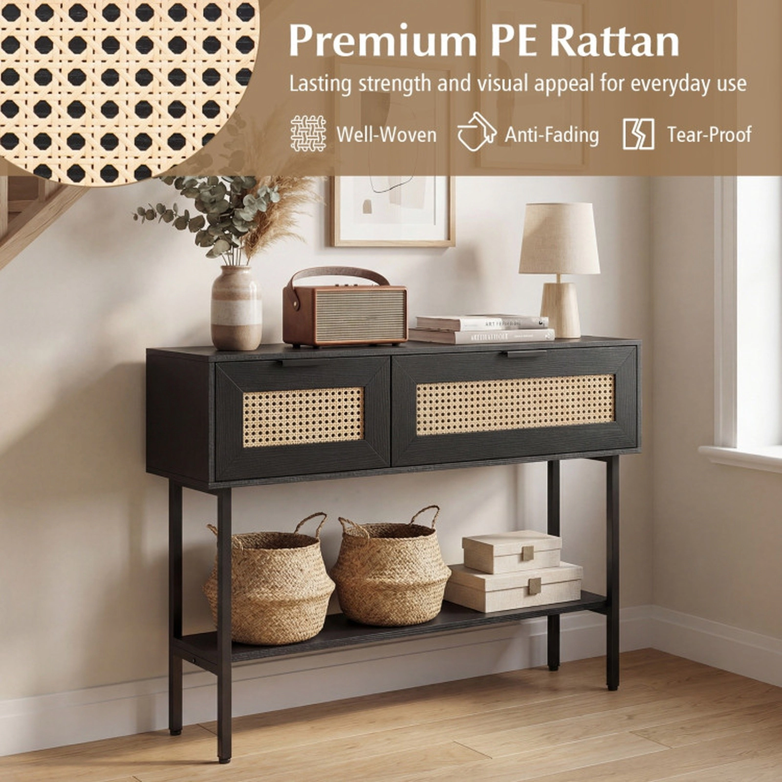 SUGIFT PE Rattan 2 Cabinets Open Shelf Carbon Steel Frame Console Table 40-in x 12-in x 30-in 90-lb Capacity Black