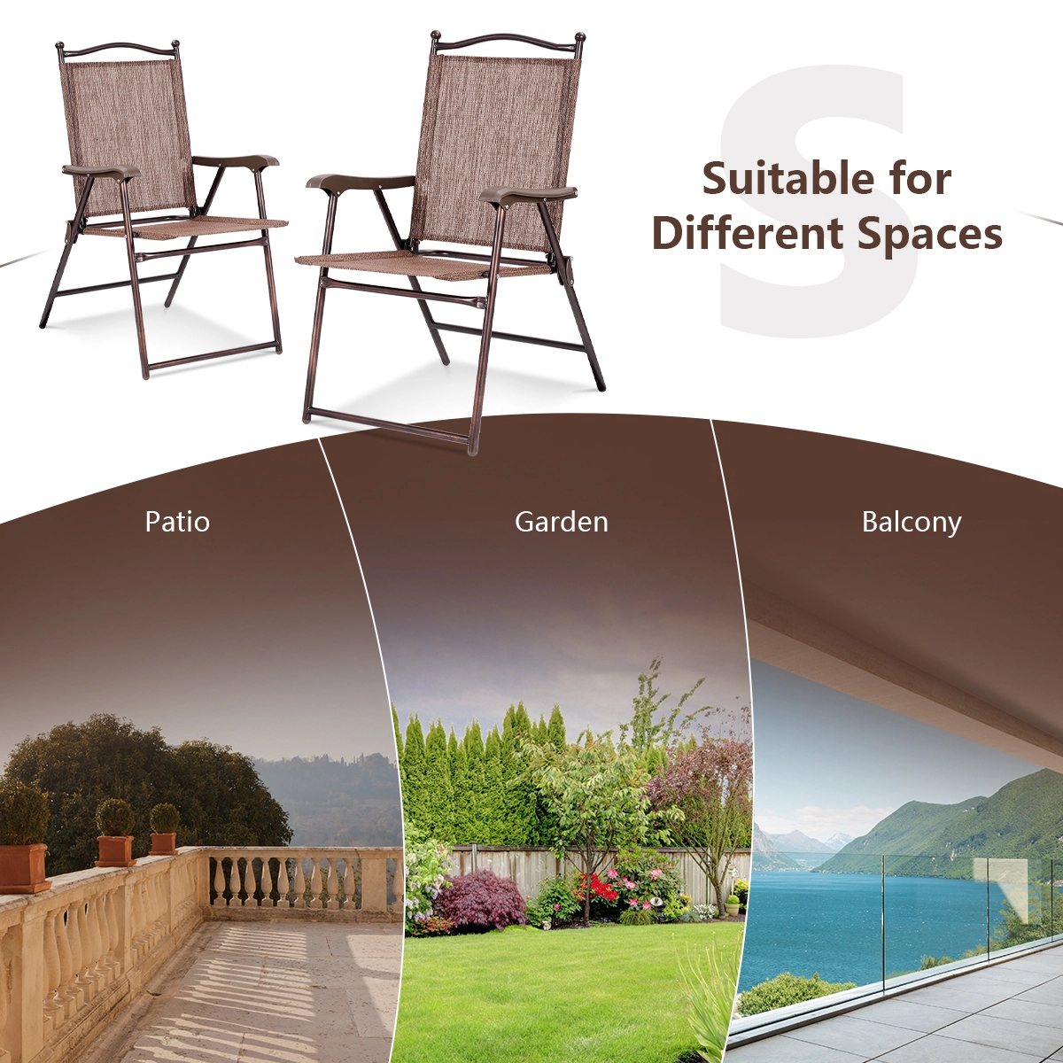 SUGIFT Set of 2 Patio Folding Sling Back Camping Deck Chairs 264-Lb Capacity 36-in Tall Brown