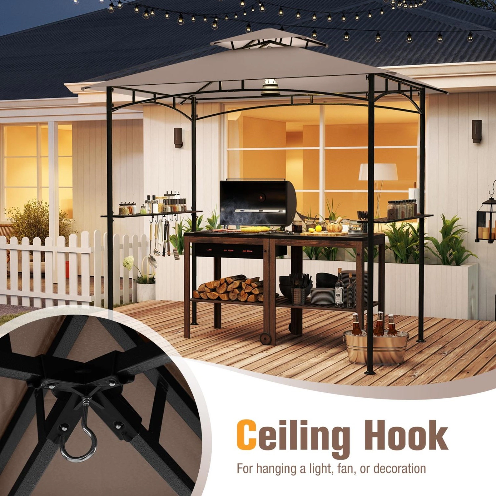 SUGIFT 8-ft x 5-ft Gray Grill Gazebo BBQ Canopy with Double-Tiered Roof 2 Side Shelves and 6 Hooks