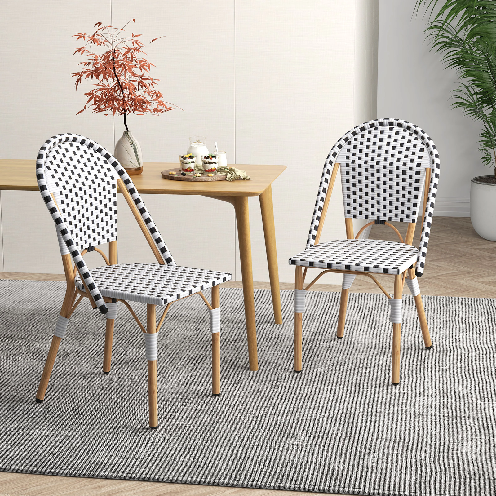 SUGIFT French Bistro PE Rattan Dining Chair Set of 2 with Galvanized Metal Frame 330-lb Capacity White Black Natural