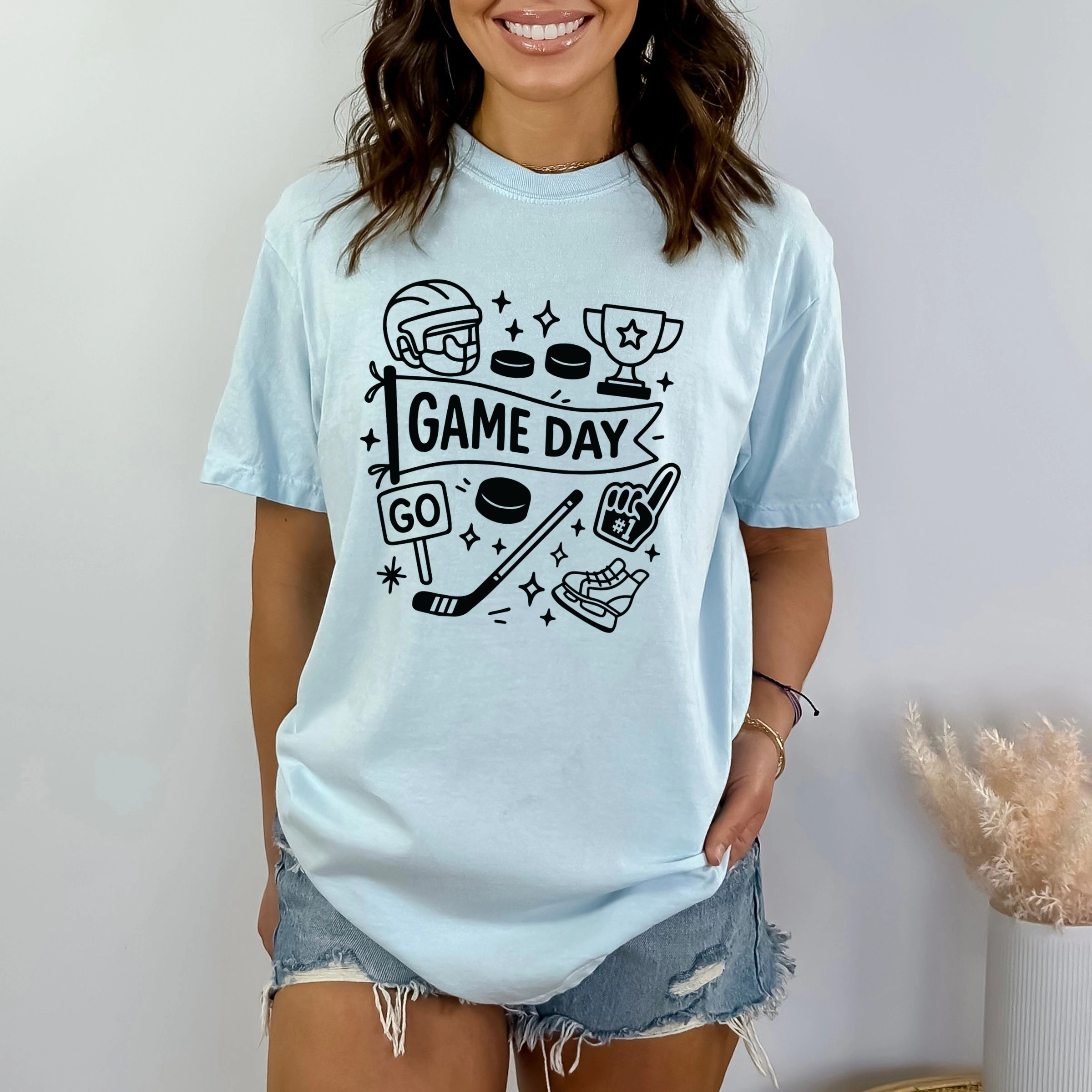 Simply Sage Market - Women's Garment Dyed Graphic T-Shirt Hockey Game Day Doodles