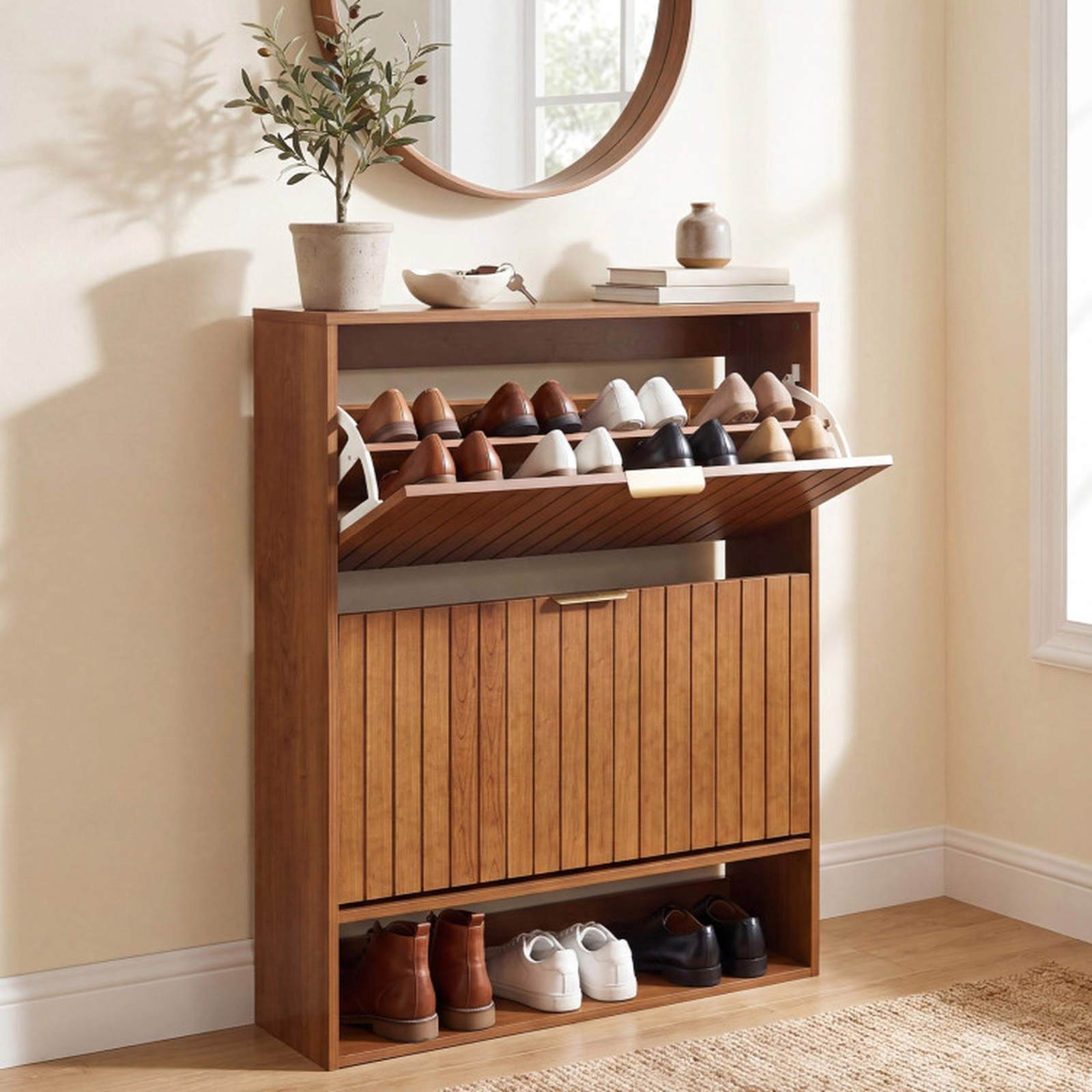 SUGIFT Walnut 40-in Tall Fluted Narrow Shoe Cabinet with 2 Flip Drawers and Open Cubby Storage