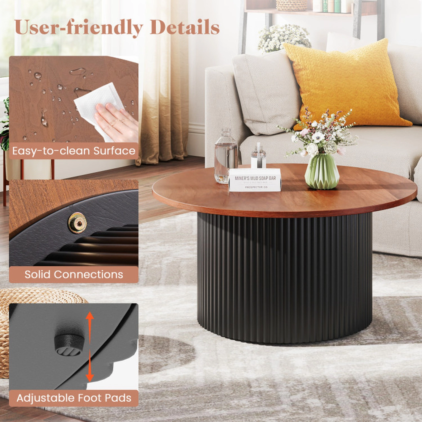 SUGIFT 32-in Round Coffee Table with Solid Wood Frame and Wooden Top 220-lb Capacity Natural and Black 1-Piece