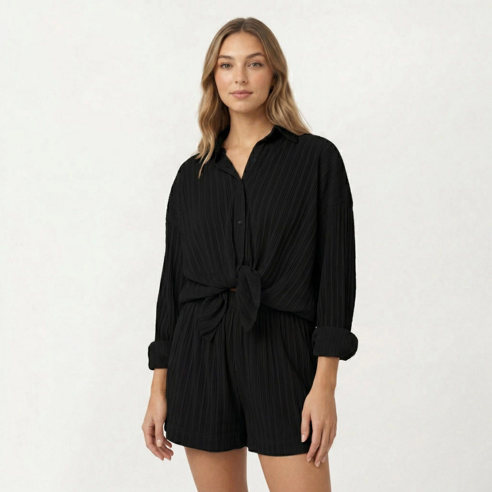 Anna-Kaci Women's 2-Piece Button Down Pajama Shirt and Shorts Long Sleeve Textured Stripe Printed Lounge Sleepwear Set