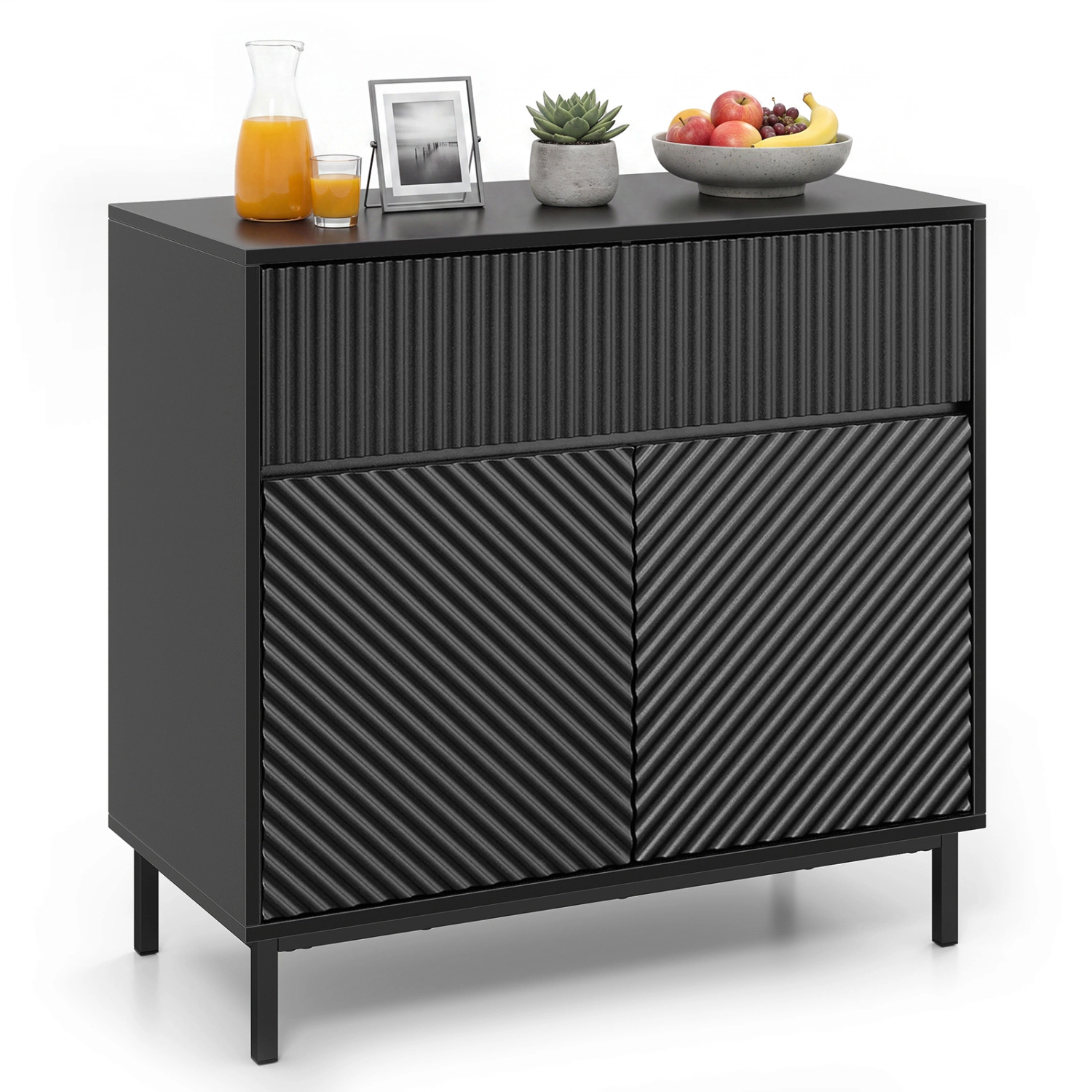 Glintex 32-Inch Fluted Buffet Cabinet with Press-to-Open Doors and Drawer, Black