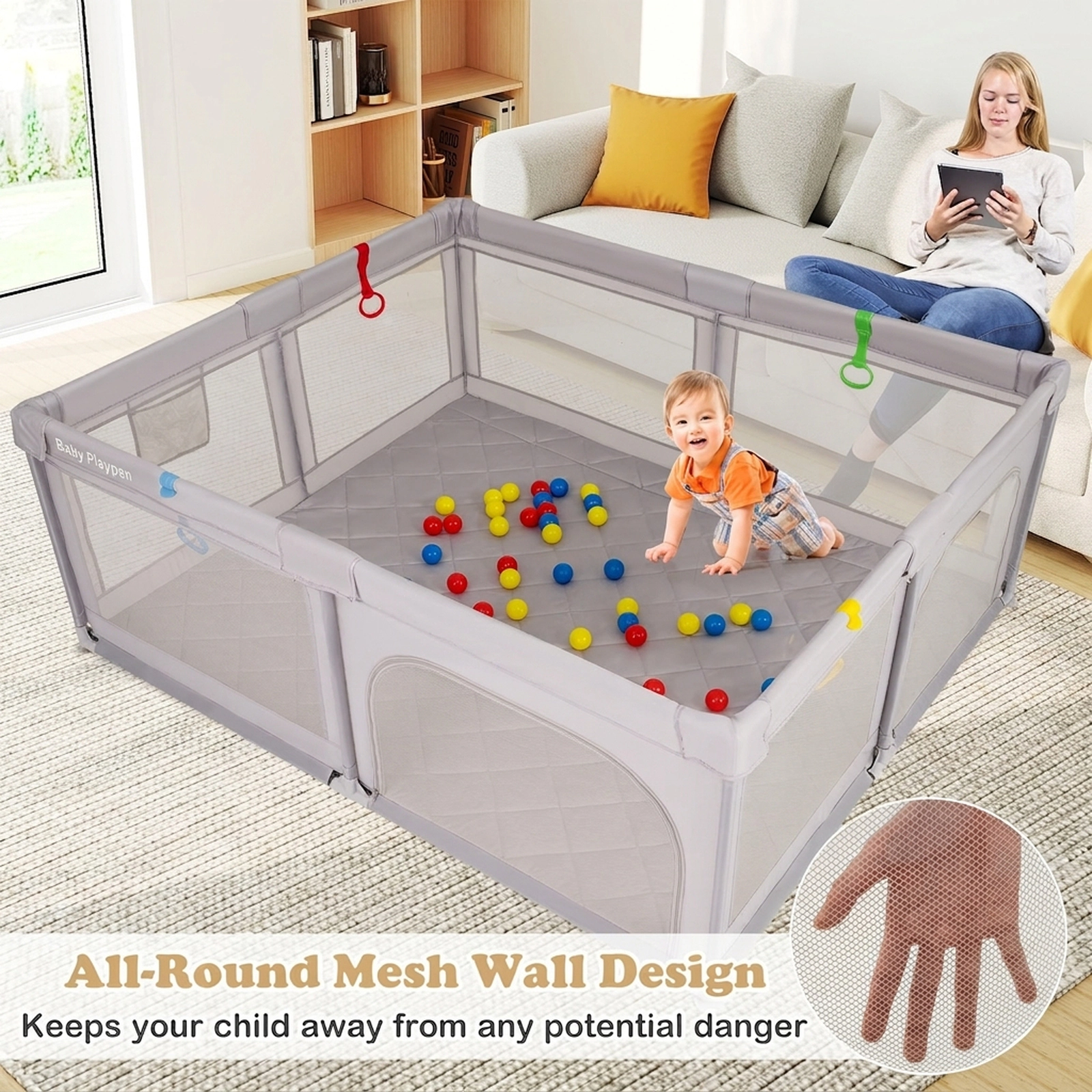 SUGIFT 73-in Large Baby Playpen with Waterproof Play Mat 50 Ocean Balls 4 Pull Rings and Mesh Storage Bag