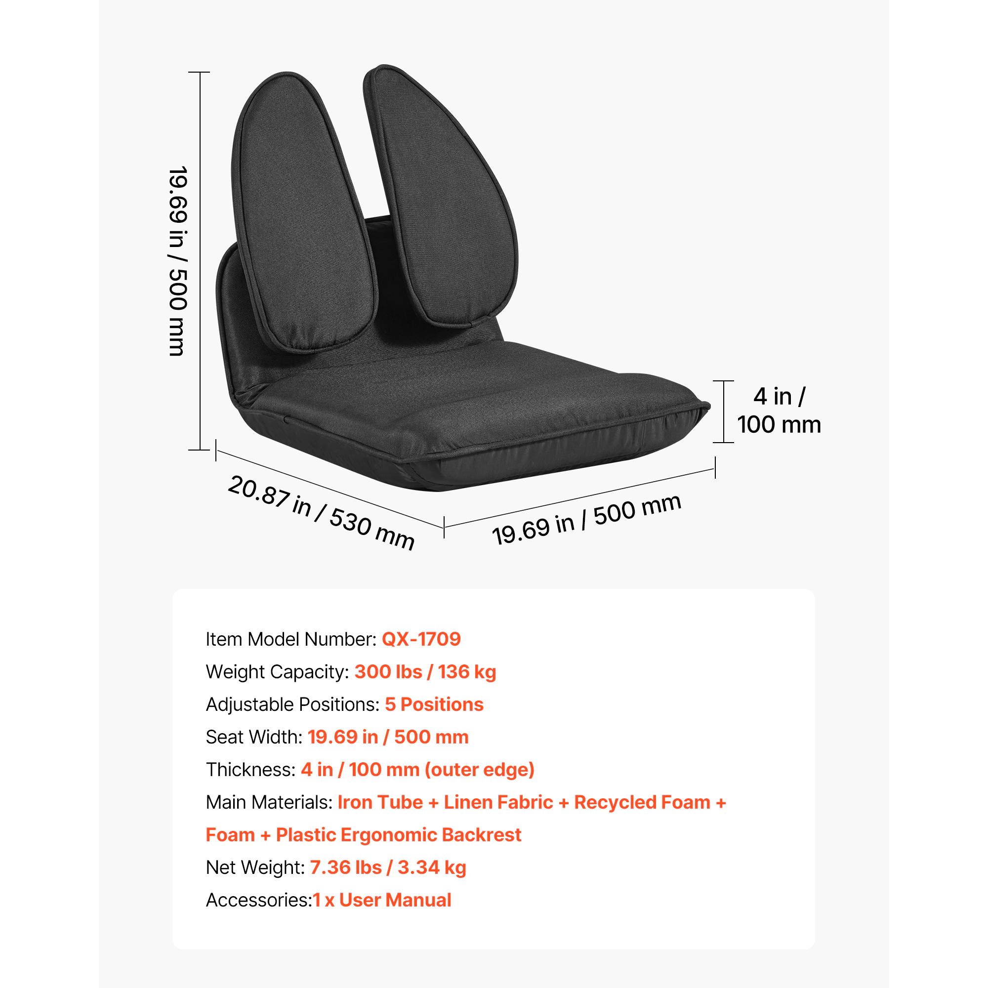 HONGGE Floor Chair 5 Adjustable Positions Folding Floor Gaming Chair with Ergonomic Back Support Sturdy Metal Frame