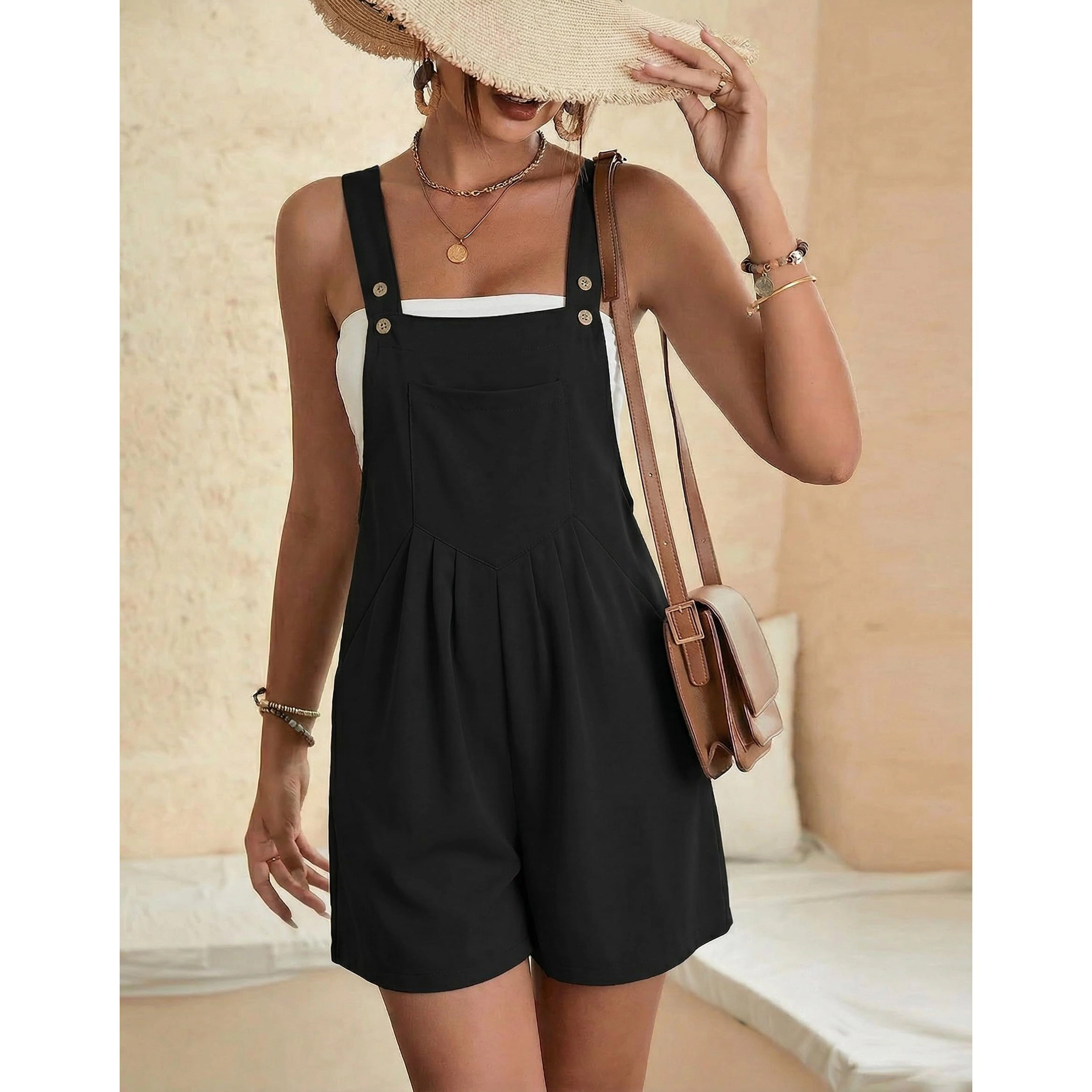 Ekouaer Women's Sleeveless Button Strap Square Neck Pinafore Dress