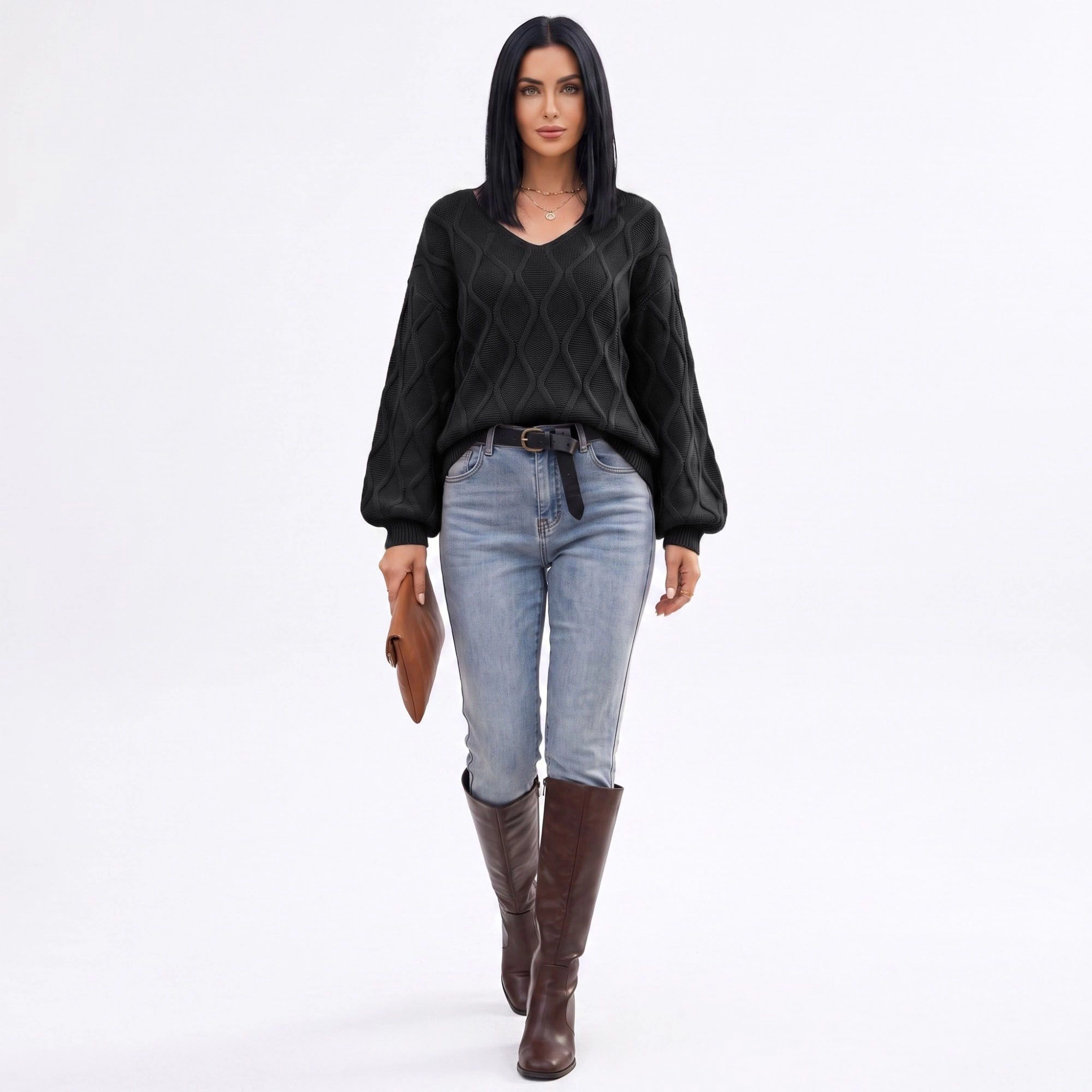 Anna-Kaci Women's Cable Knit V-Neck Balloon Sleeve Sweater