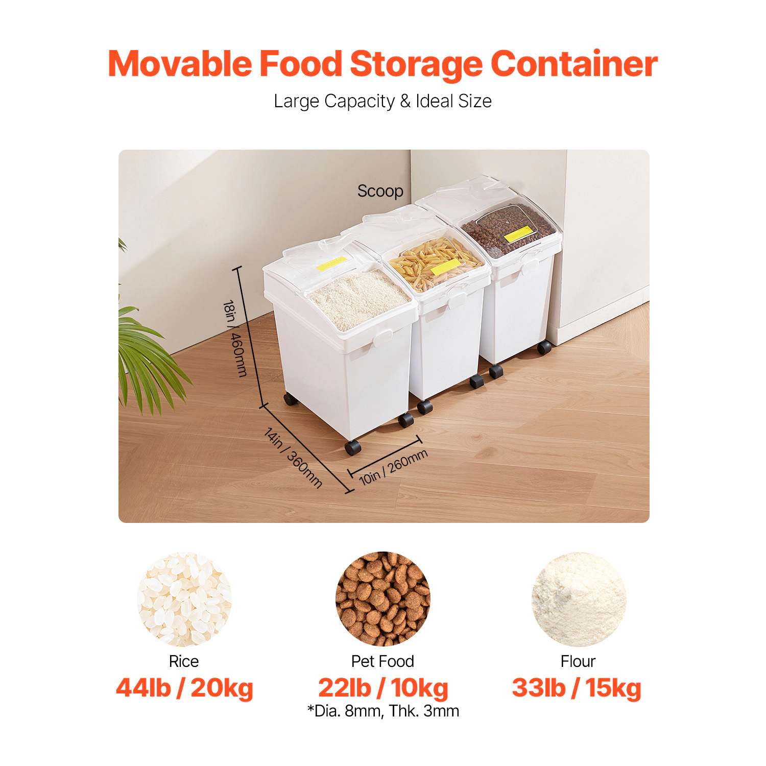 HONGGE 3-Pack 20L/5.2-Gallon Airtight Rice Storage Container Set with Wheels & Scoops, Large Pet Food Bin