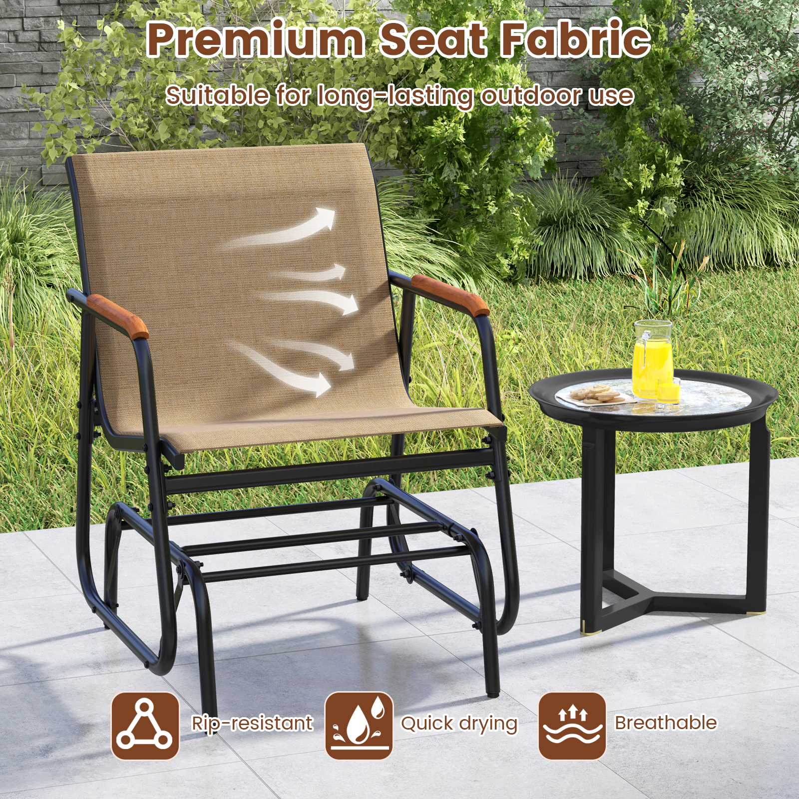SUGIFT Patio Glider Chair Set of 2 Brown with Curved Teak Armrests and Fabric Seat