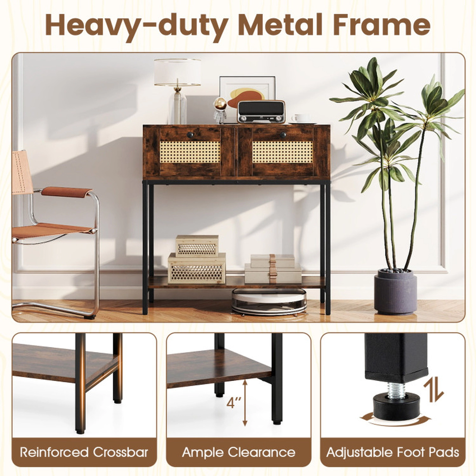 SUGIFT Rattan 2-Drawer Console Table with Open Storage Shelf 132-lb Total Capacity Rustic Brown
