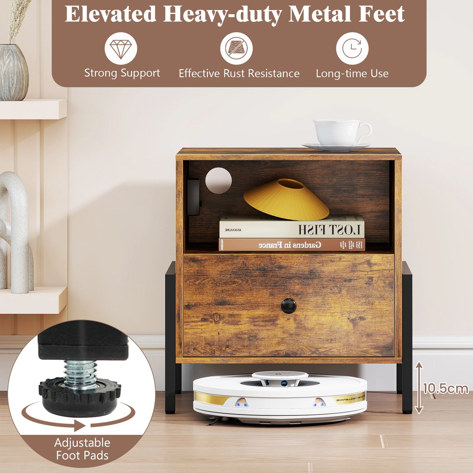 SlickBlue Unisex Industrial Nightstand with Charging Station Drawer